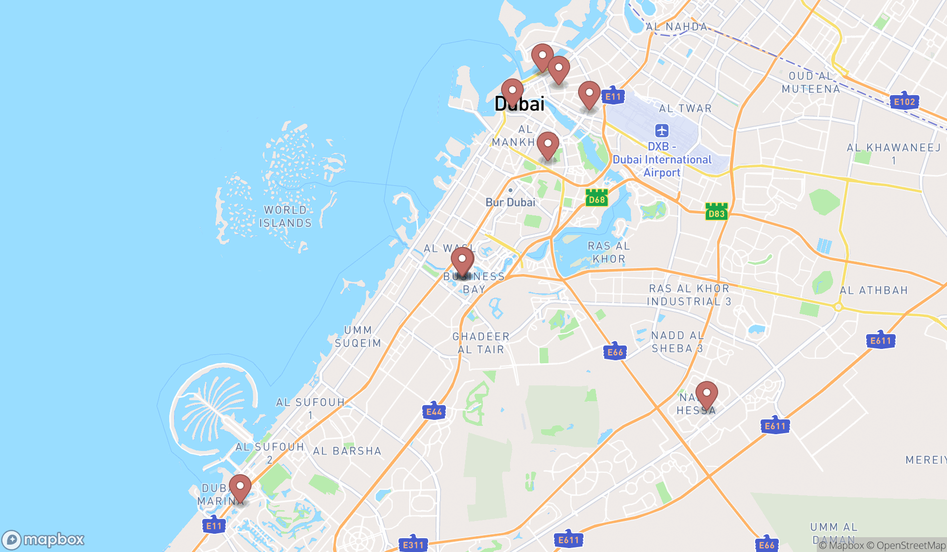 Map showing the ranked travel services in Dubai, Dubai