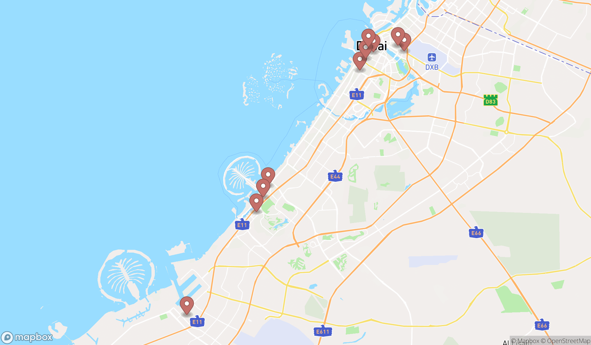Map showing the ranked travels in Dubai, Dubai
