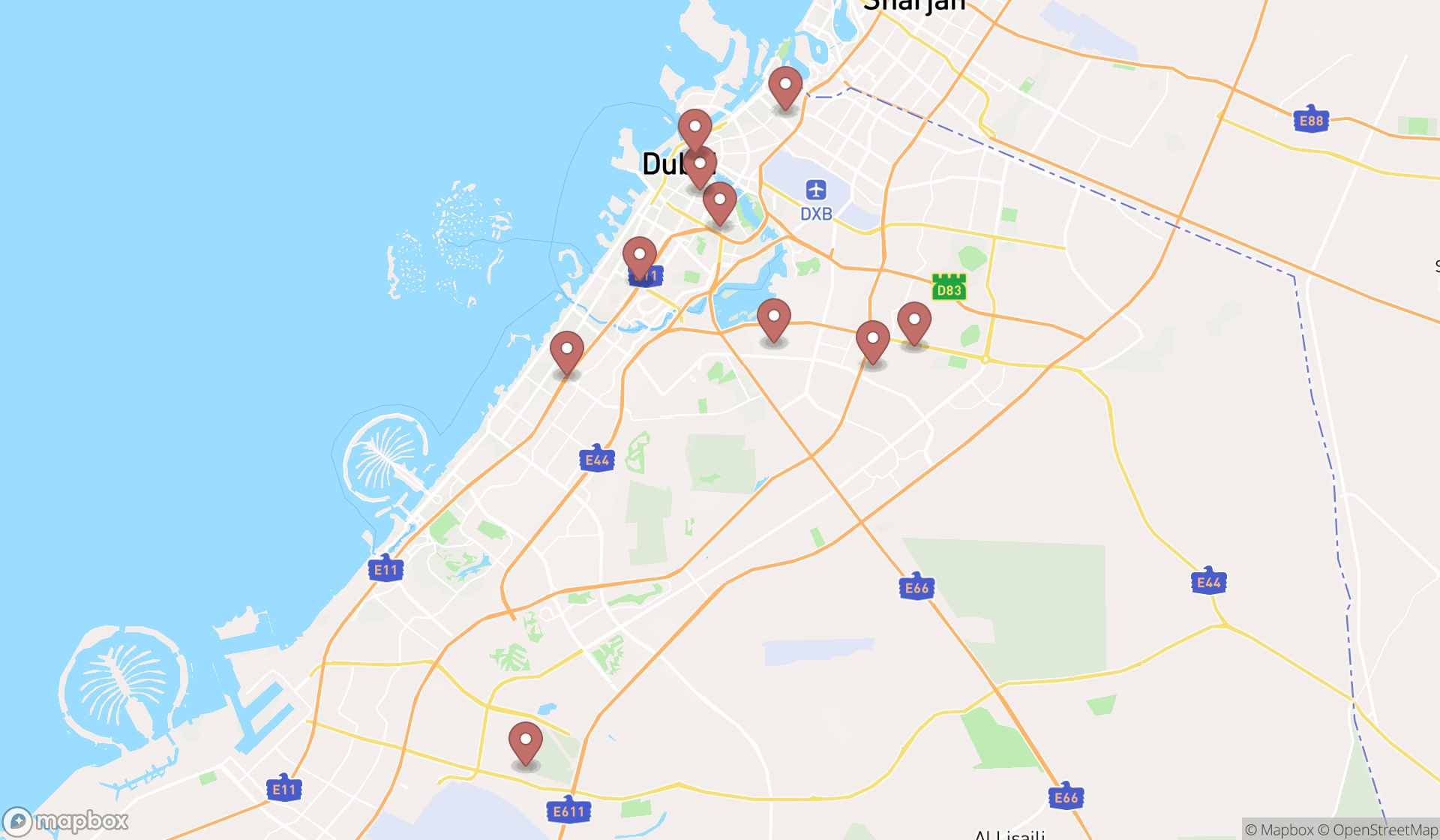 Map showing the ranked trophy shops in Dubai, Dubai