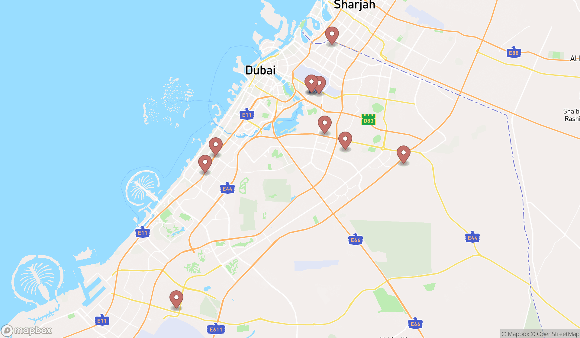 Map showing the ranked truck dealers in Dubai, Dubai