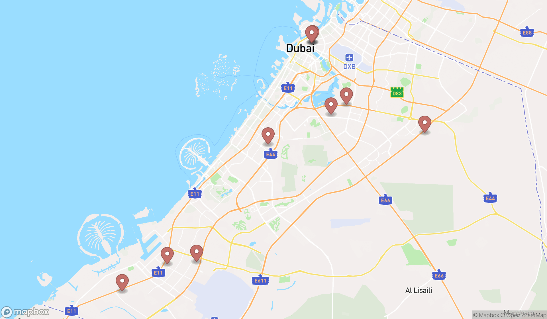 Map showing the ranked truck parts suppliers in Dubai, Dubai