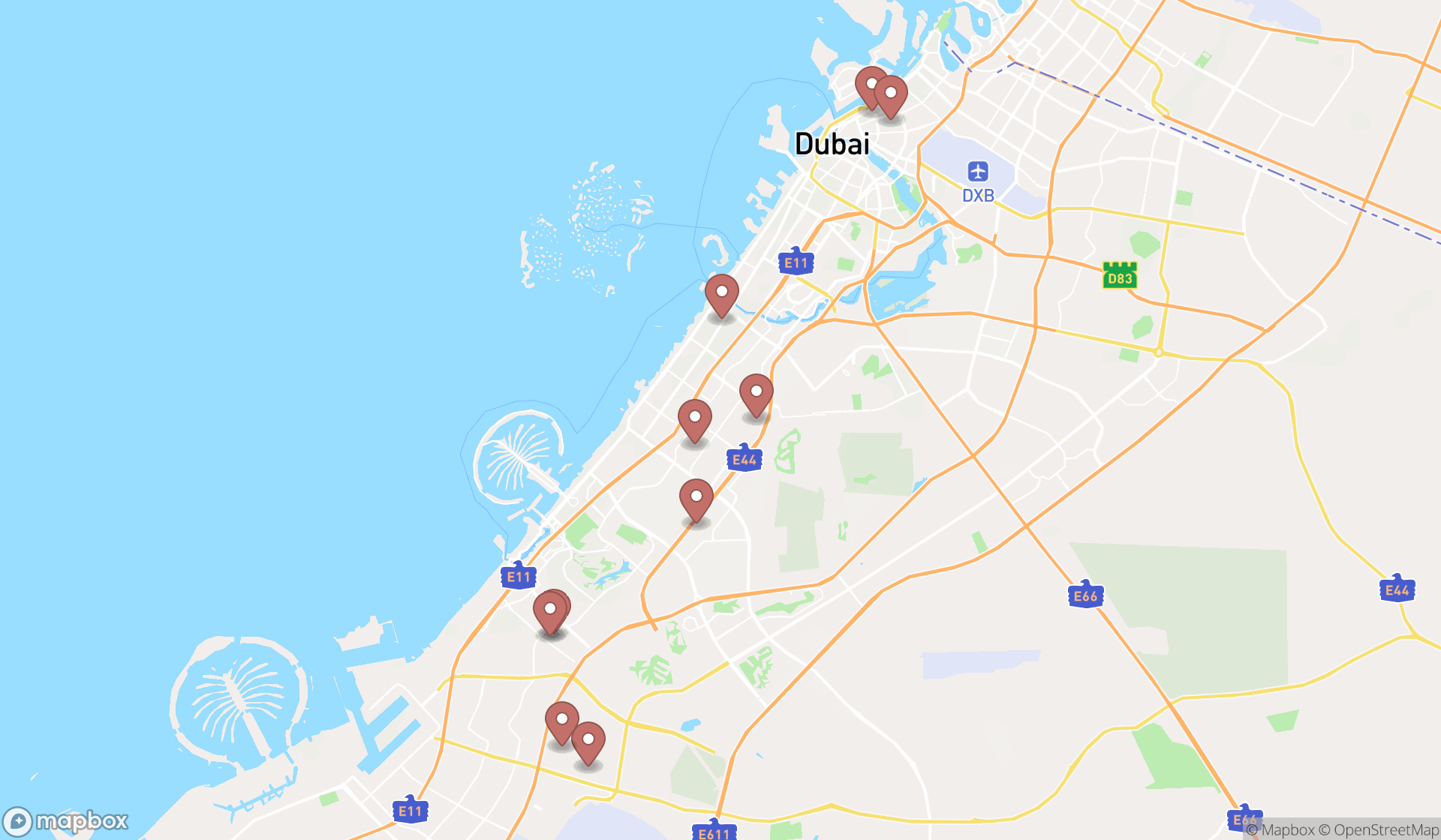 Map showing the ranked truck rental agencies in Dubai, Dubai