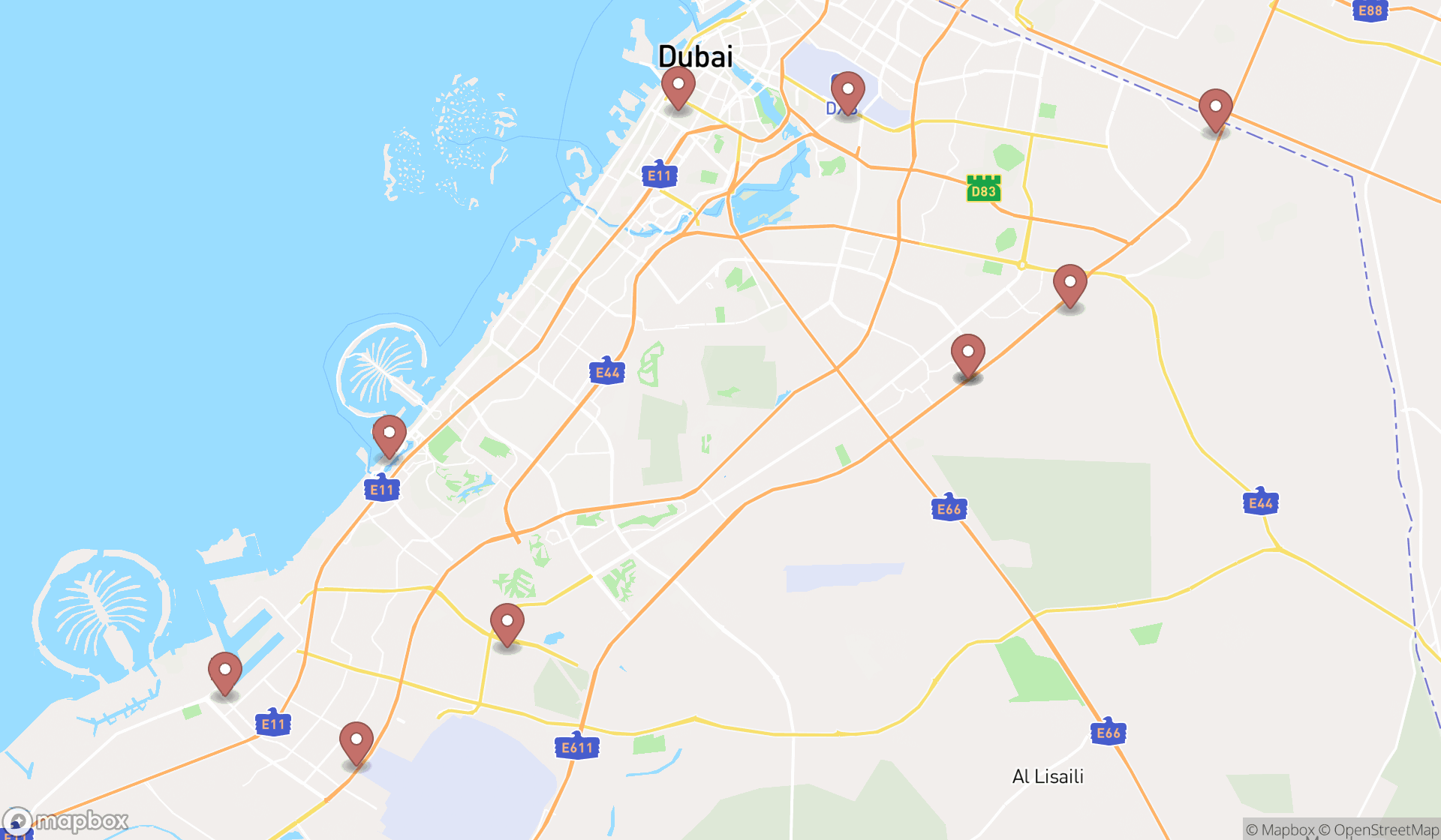 Map showing the ranked truck stops in Dubai, Dubai