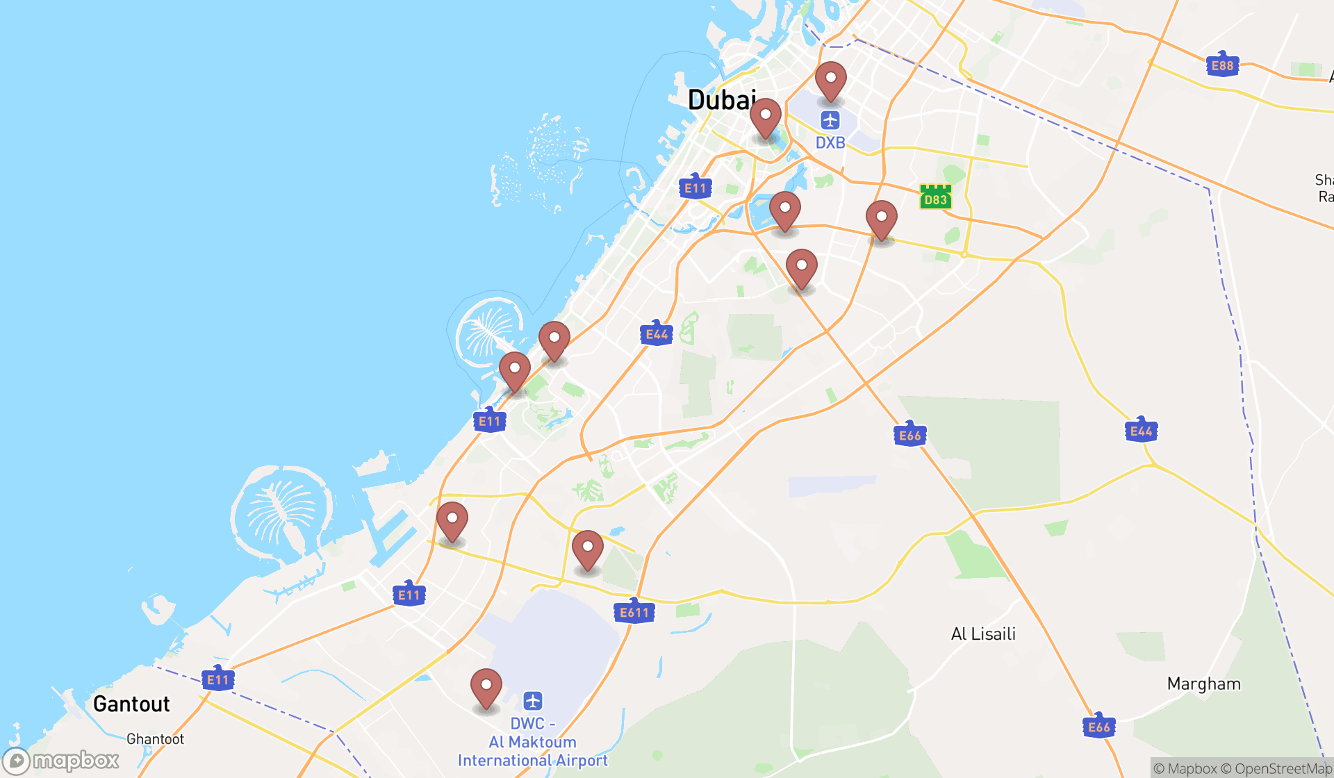 Map showing the ranked trucking companies in Dubai, Dubai