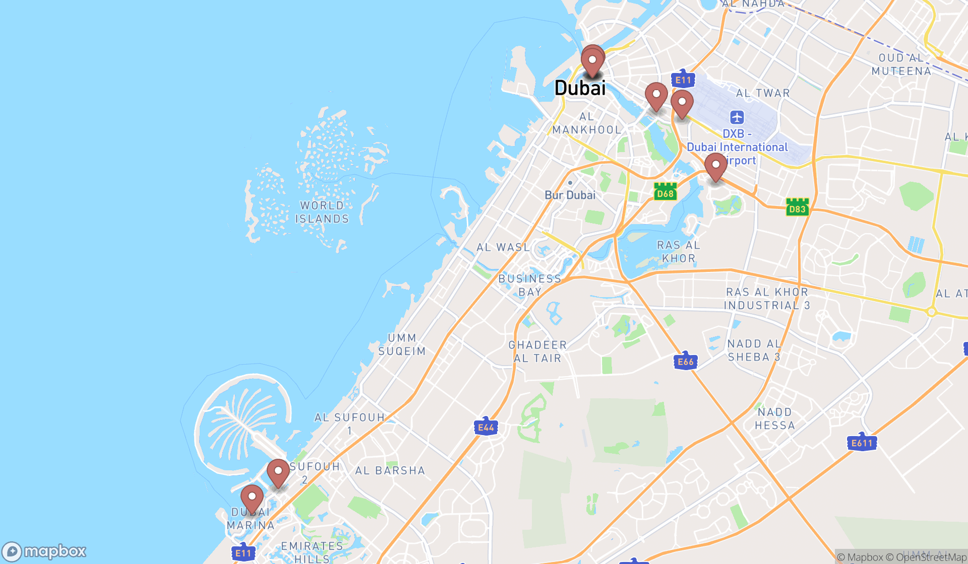 Map showing the ranked t-shirt stores in Dubai, Dubai