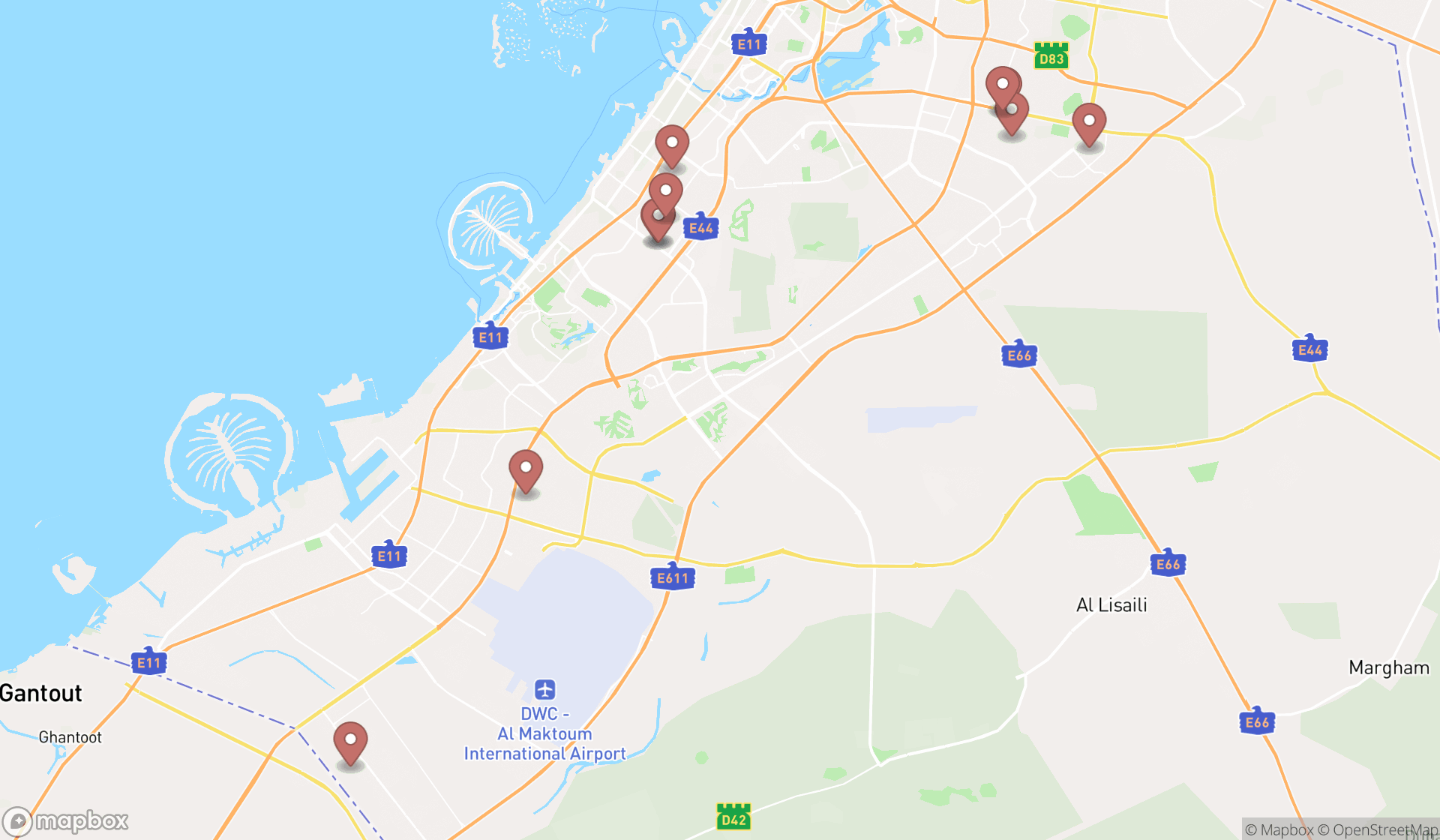 Map showing the ranked turf suppliers in Dubai, Dubai