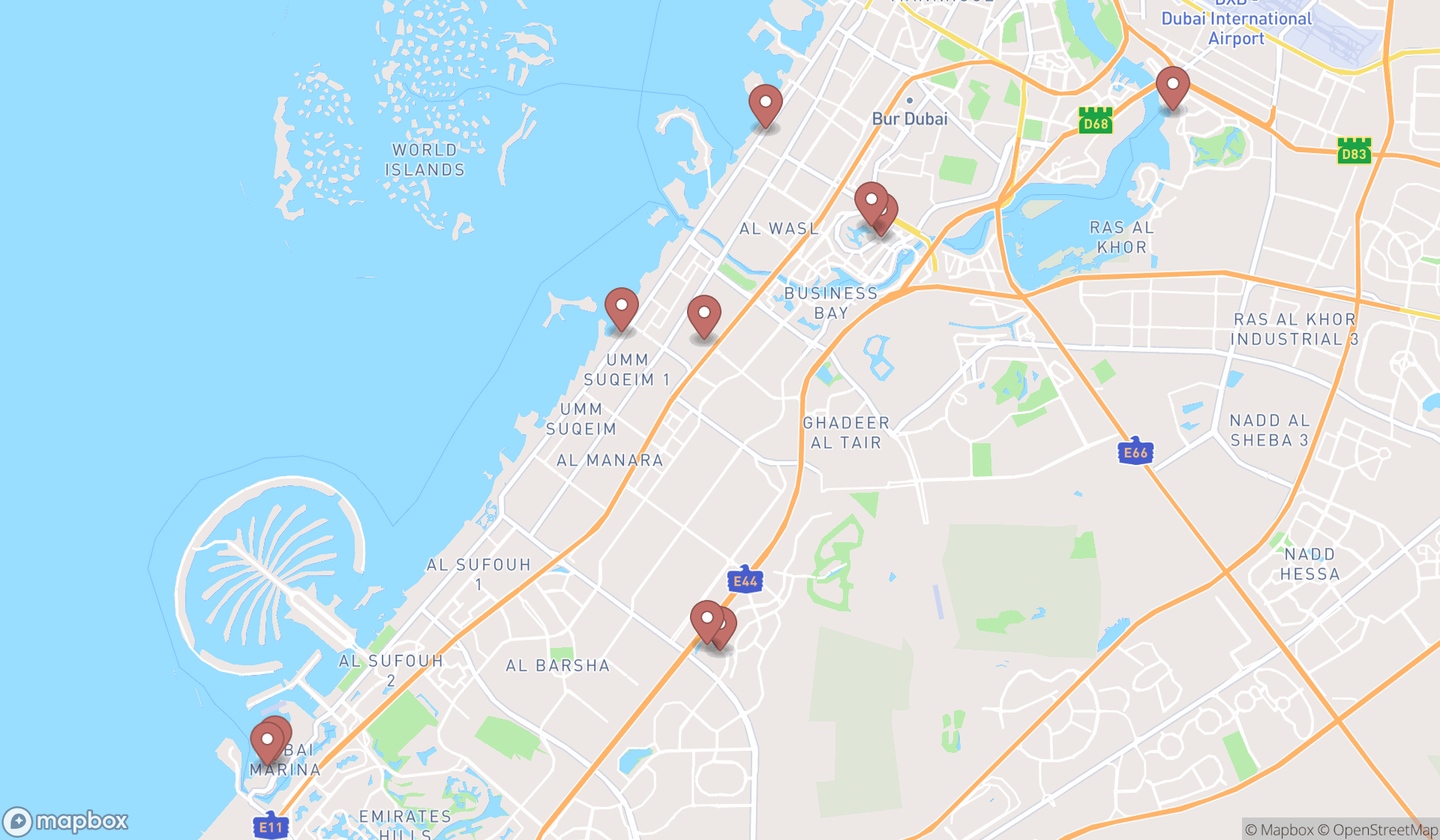 Map showing the ranked turkish restaurants in Dubai, Dubai