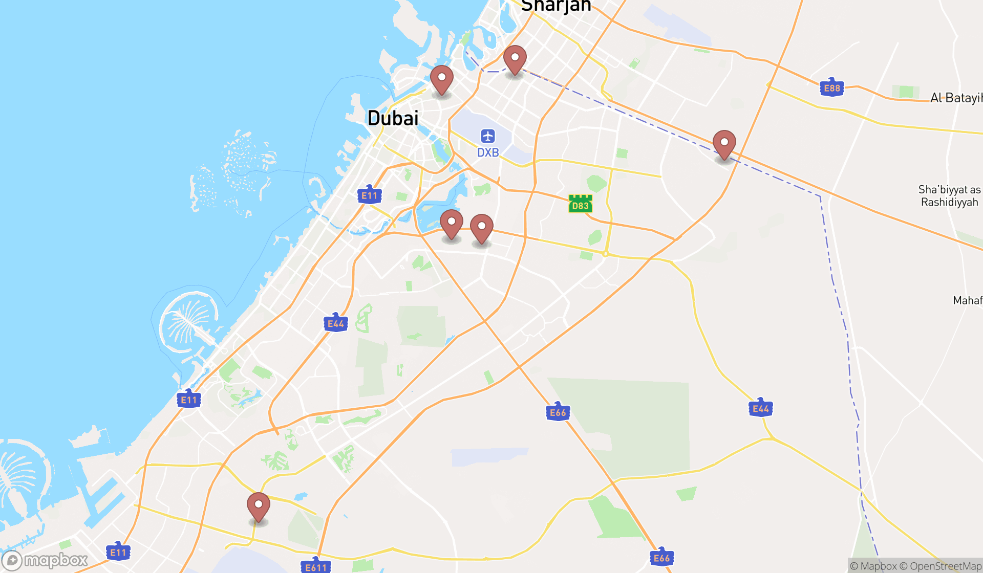 Map showing the ranked turneries in Dubai, Dubai