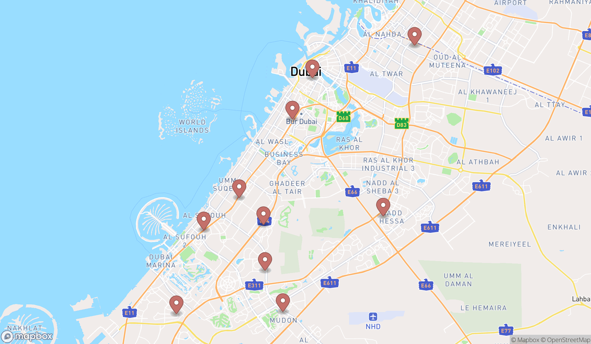 Map showing the ranked tutoring services in Dubai, Dubai