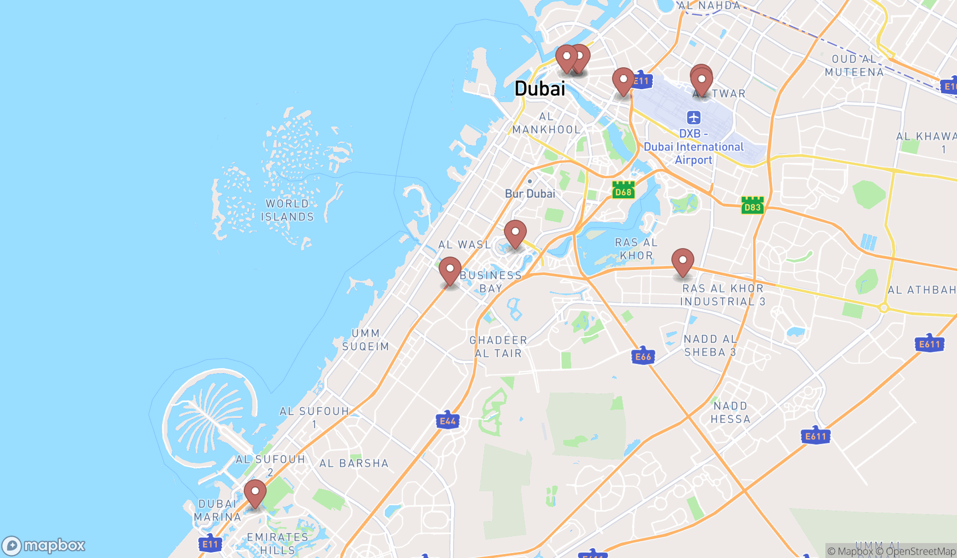 Map showing the ranked tyre manufacturers in Dubai, Dubai