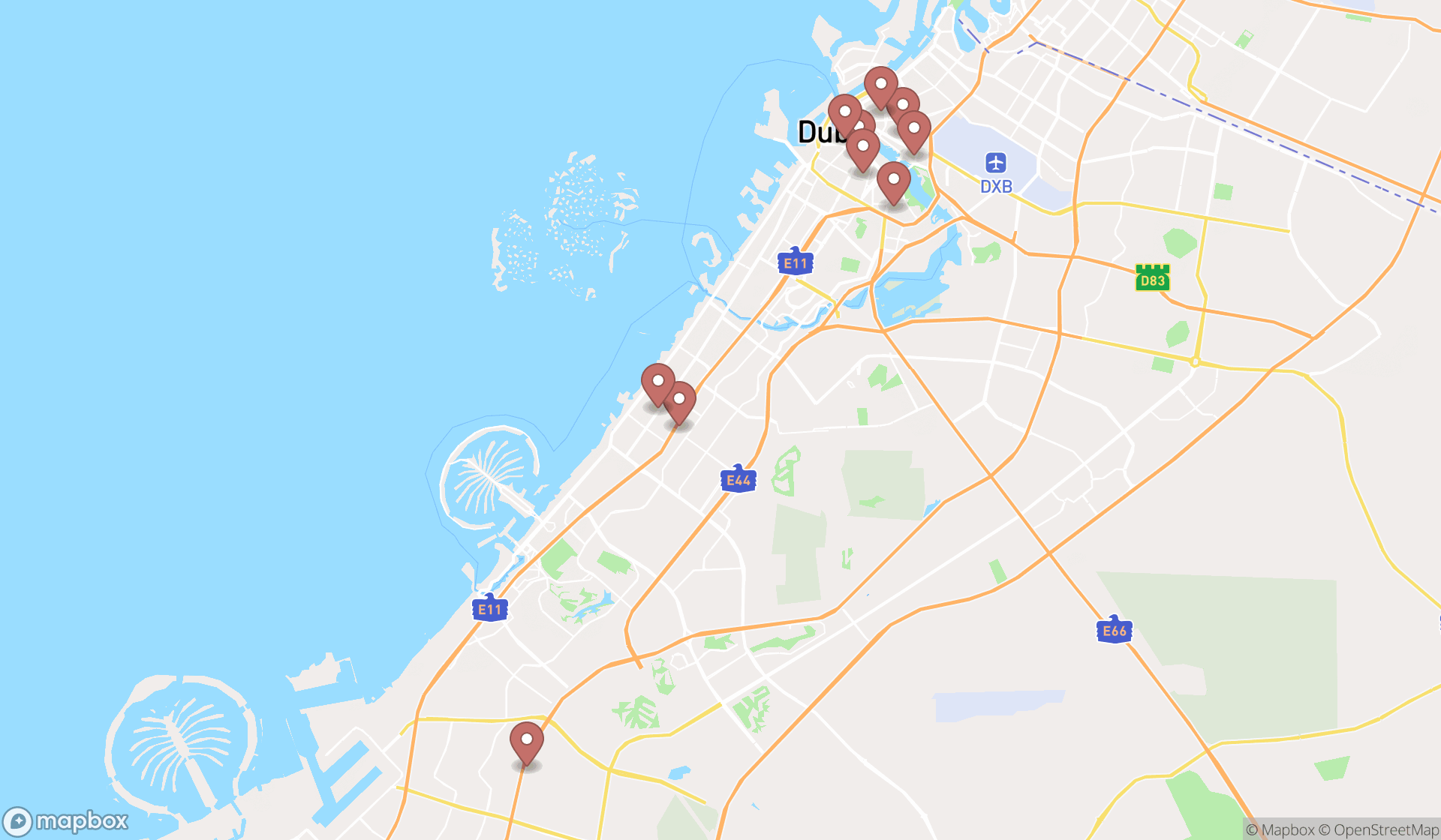 Map showing the ranked uniform stores in Dubai, Dubai