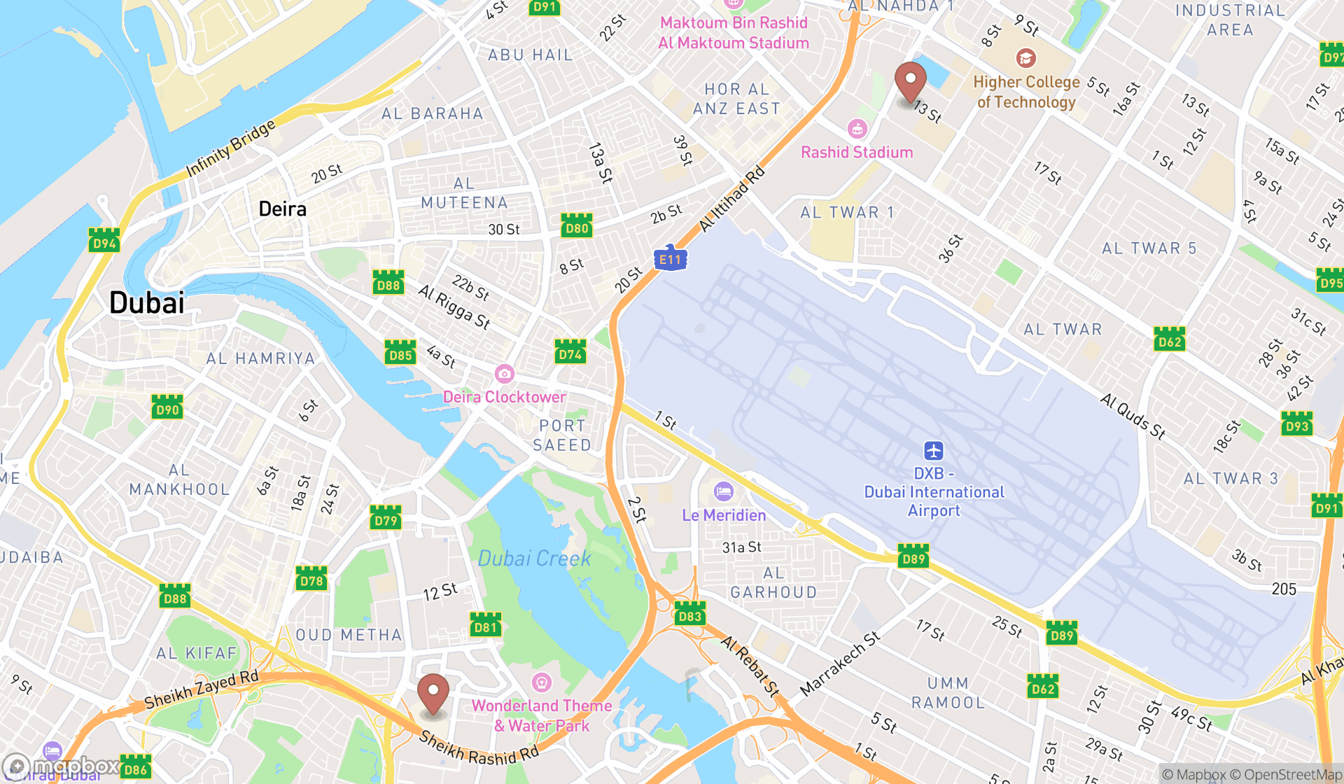 Map showing the ranked university hospitals in Dubai, Dubai