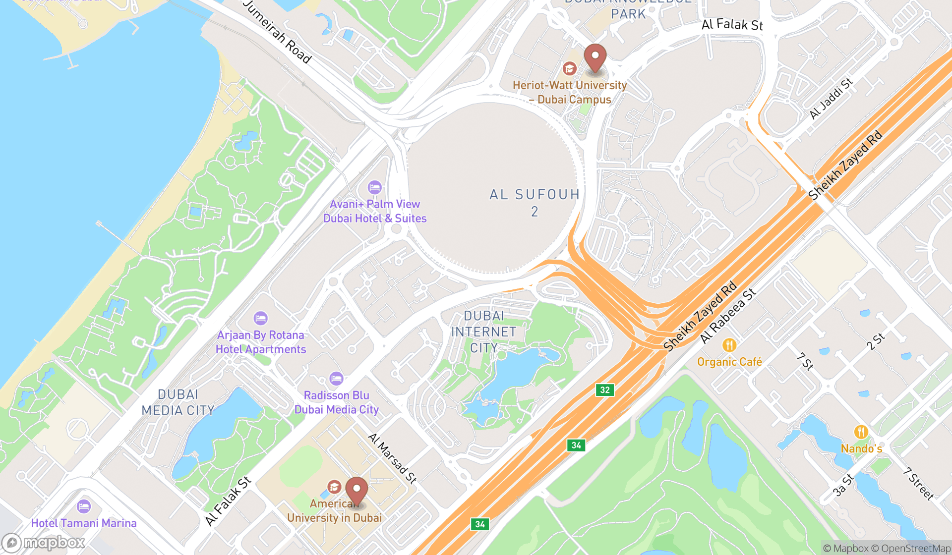 Map showing the ranked university libraries in Dubai, Dubai