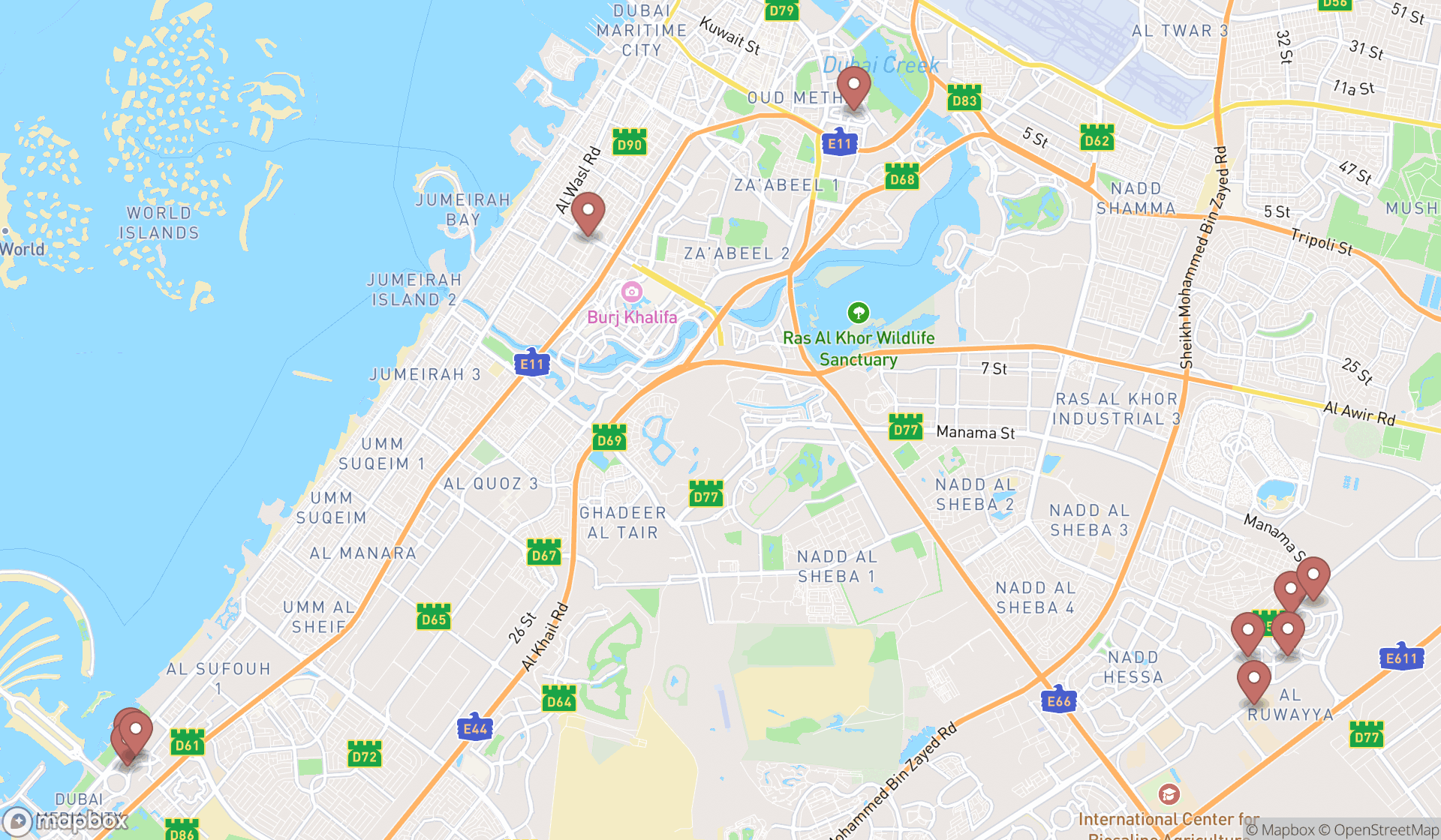 Map showing the ranked universities in Dubai, Dubai