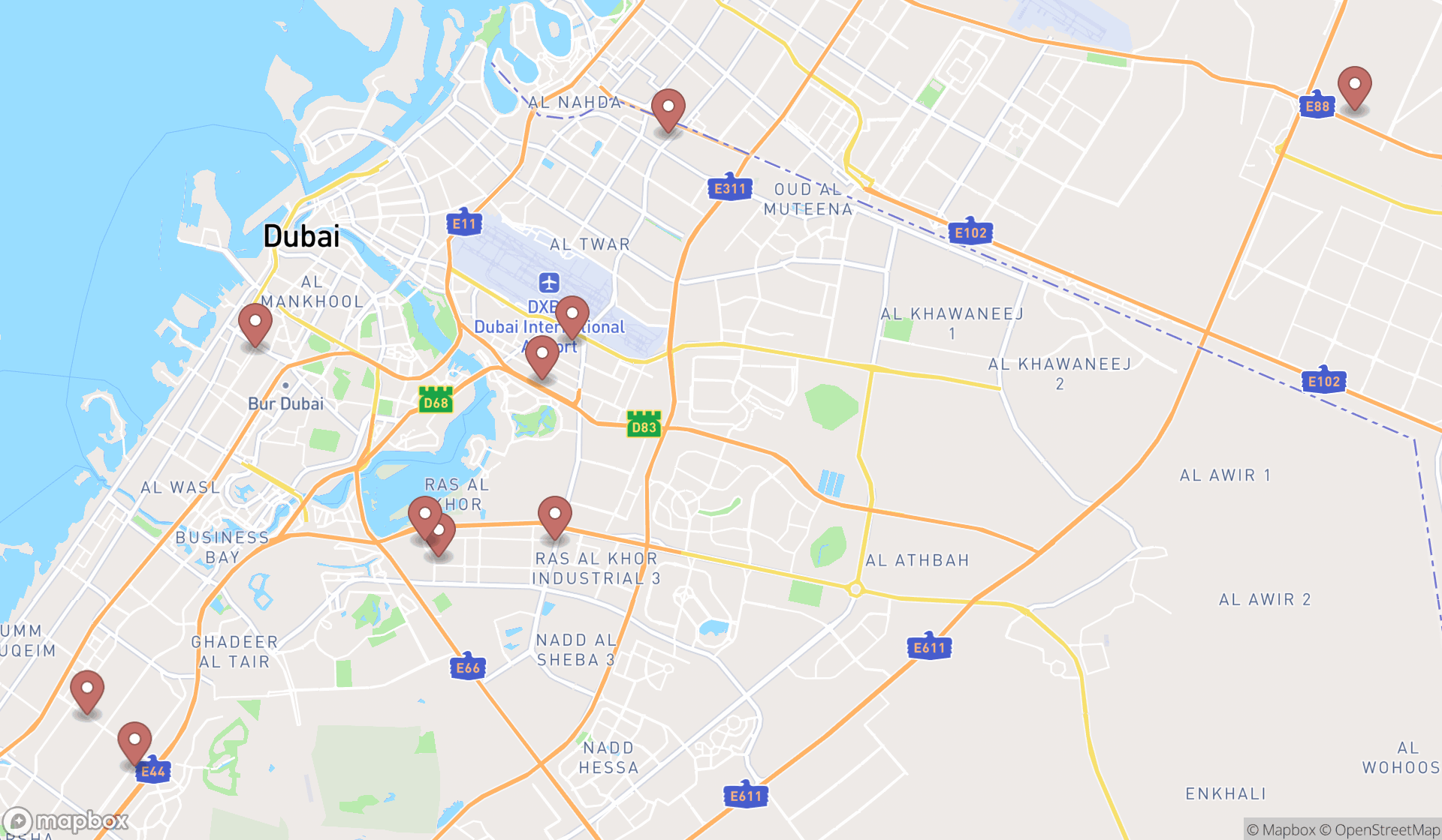 Map showing the ranked used auto parts stores in Dubai, Dubai