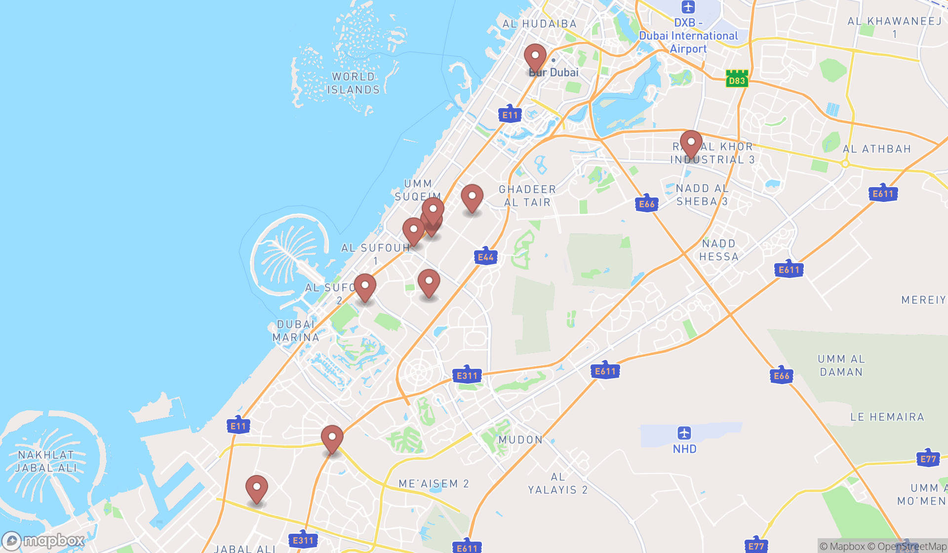 Map showing the ranked used car dealers in Dubai, Dubai