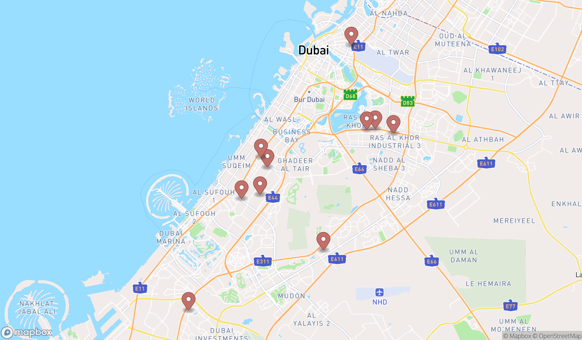 Map showing the ranked used motorcycle dealers in Dubai, Dubai