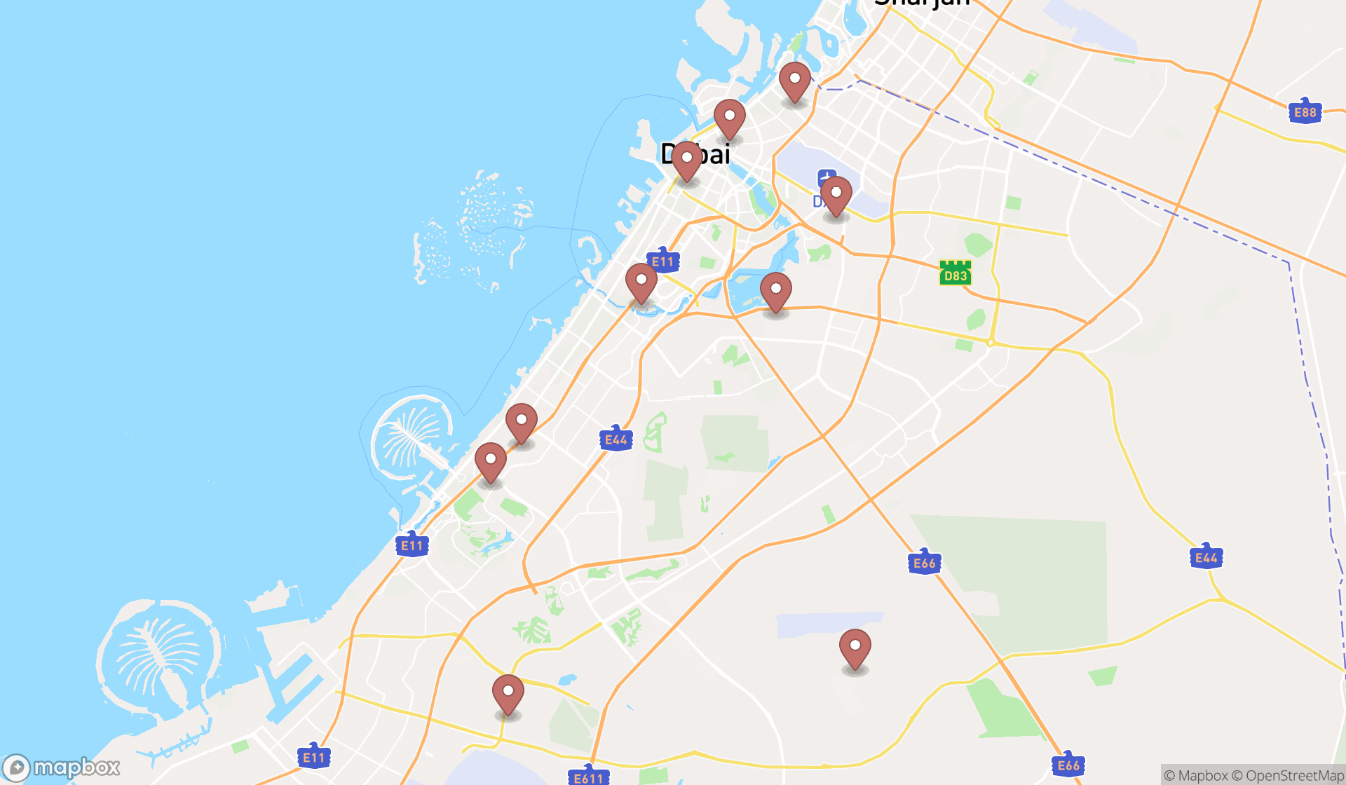 Map showing the ranked used tire shops in Dubai, Dubai