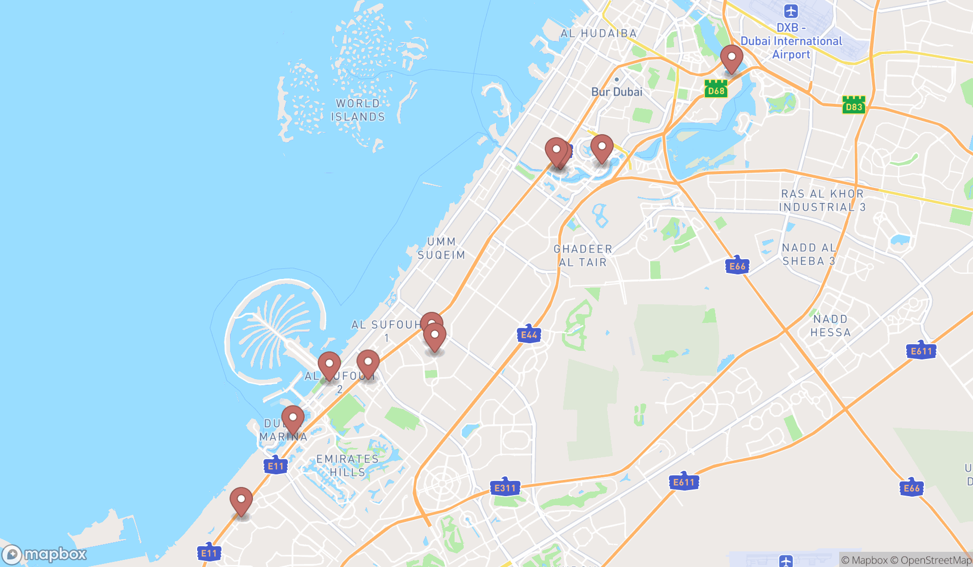 Map showing the ranked vacation home rental agencies in Dubai, Dubai