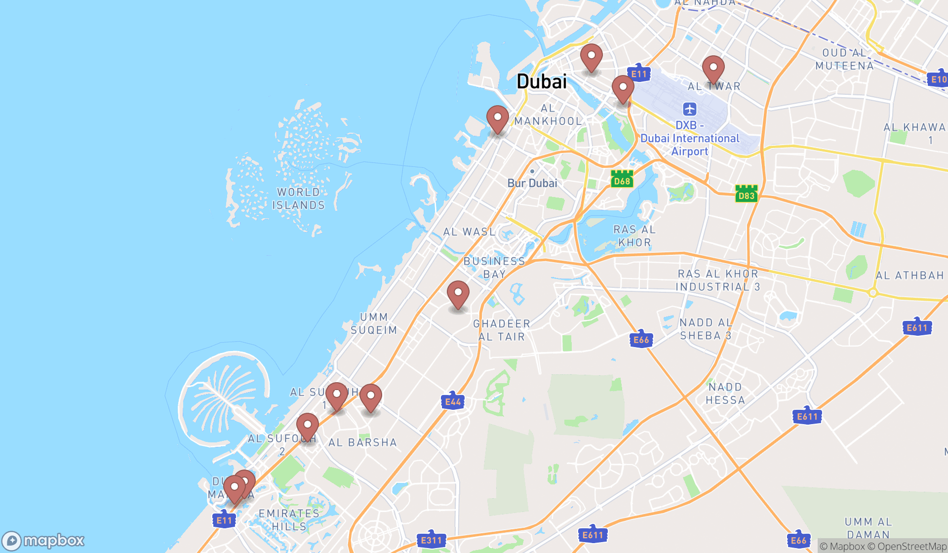 Map showing the ranked valet parking services in Dubai, Dubai
