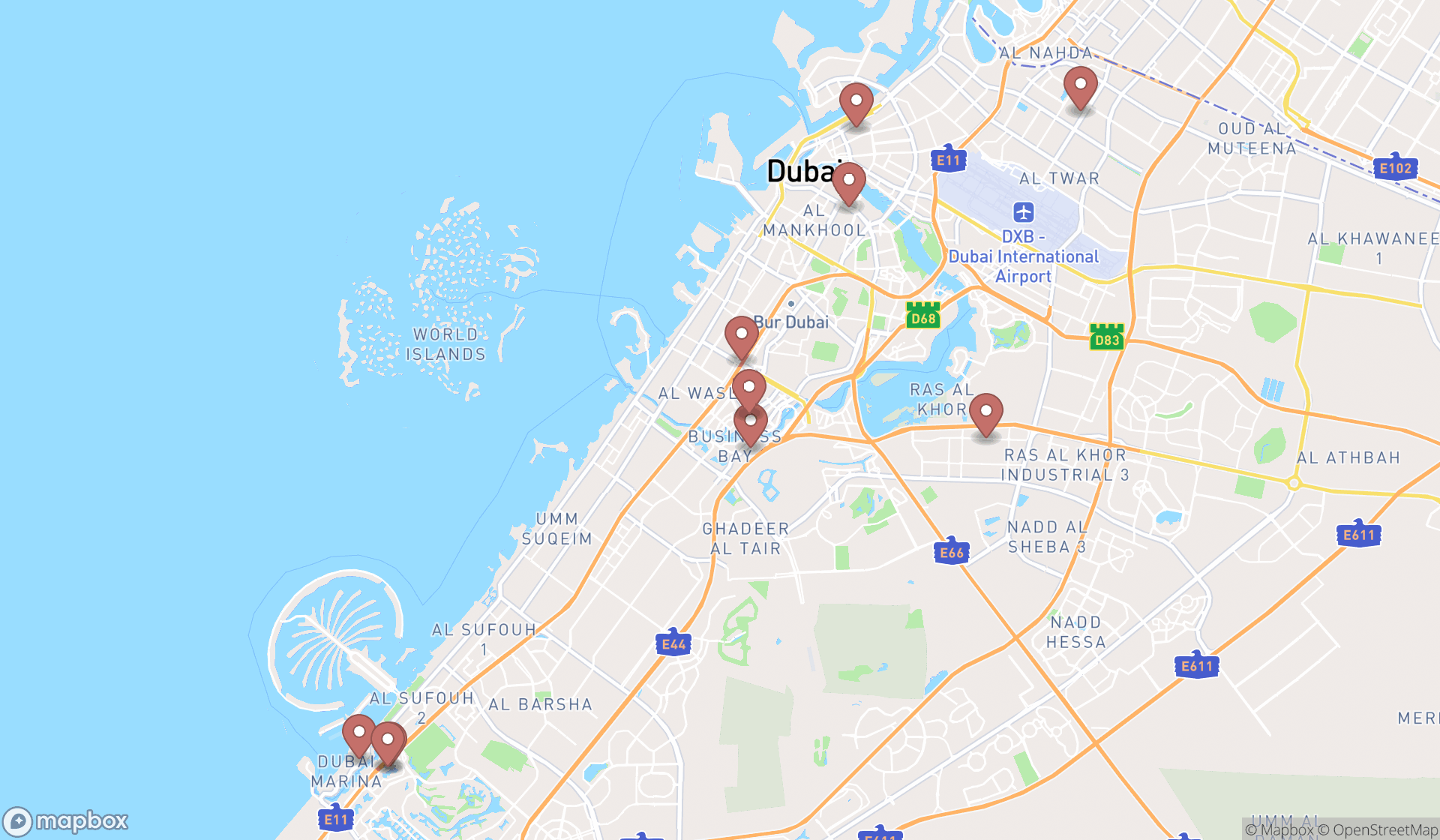 Map showing the ranked van rental agencies in Dubai, Dubai