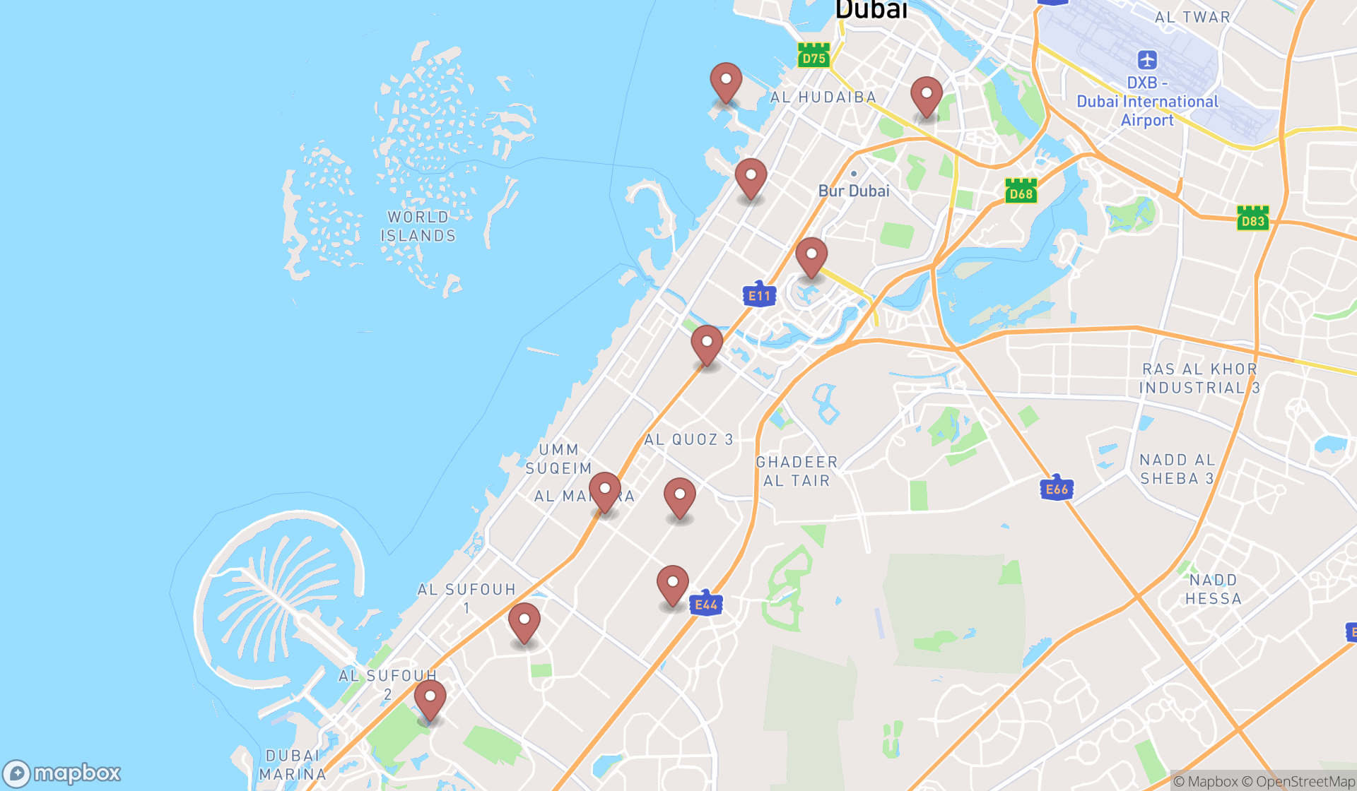 Map showing the ranked vegan restaurants in Dubai, Dubai