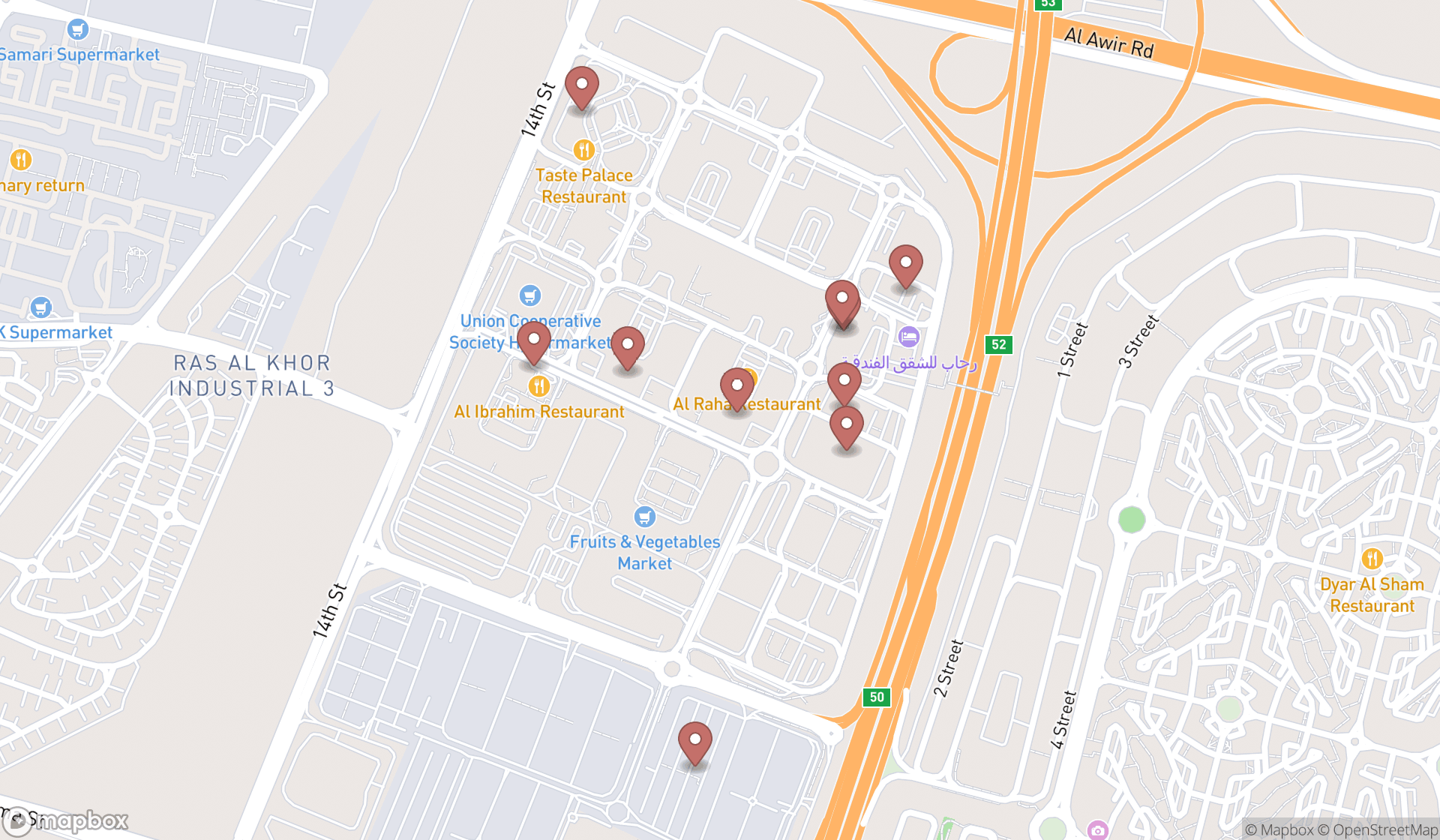 Map showing the ranked vegetable wholesale markets in Dubai, Dubai