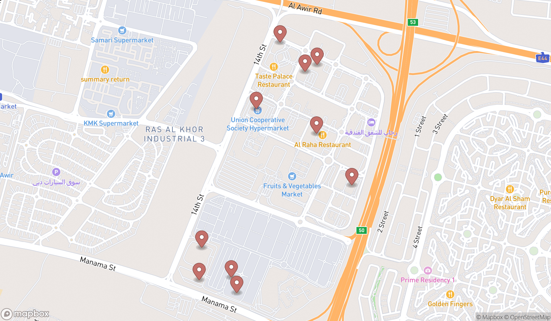 Map showing the ranked vegetable wholesalers in Dubai, Dubai