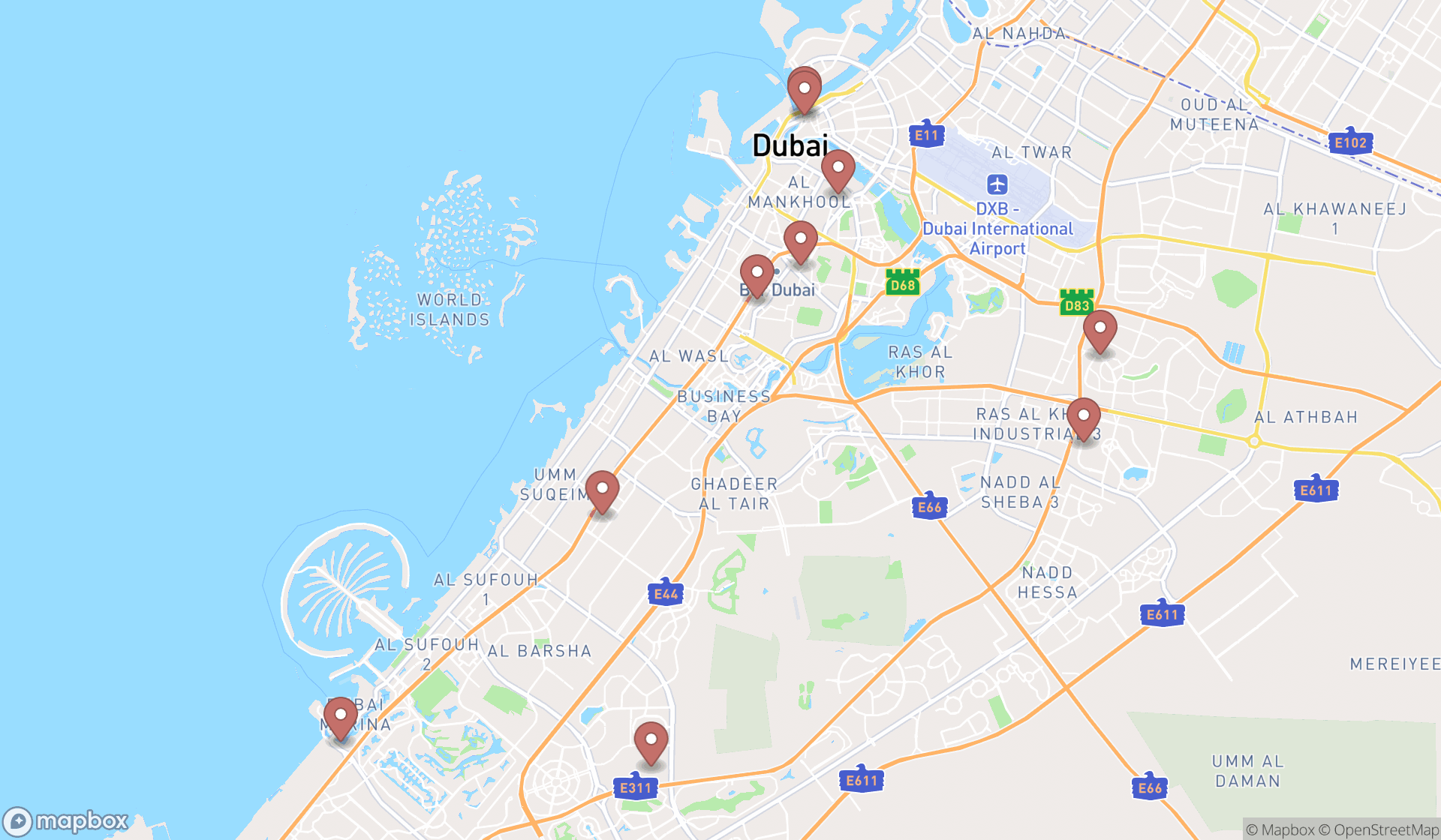 Map showing the ranked vegetarian cafe and delis in Dubai, Dubai