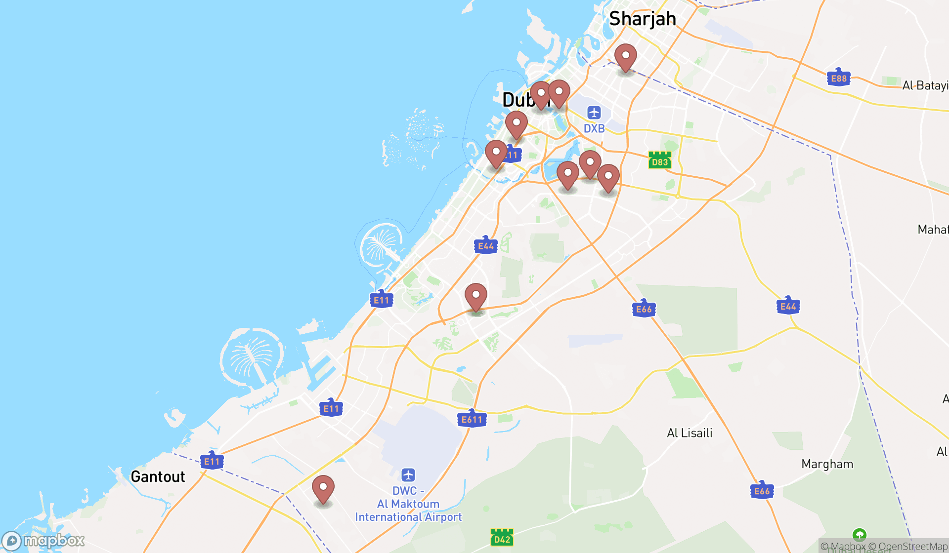 Map showing the ranked vehicle shipping agents in Dubai, Dubai