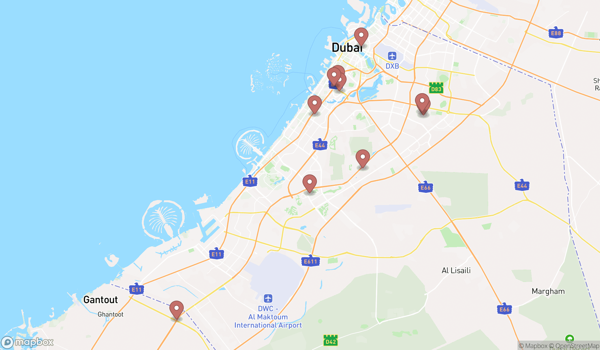 Map showing the ranked video arcades in Dubai, Dubai
