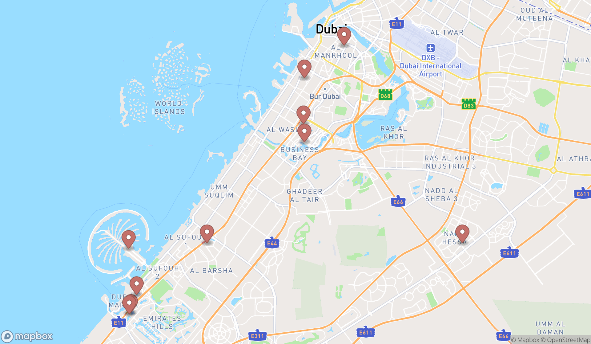 Map showing the ranked vietnamese restaurants in Dubai, Dubai