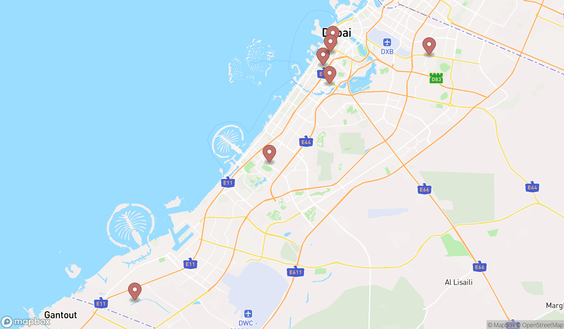Map showing the ranked village halls in Dubai, Dubai