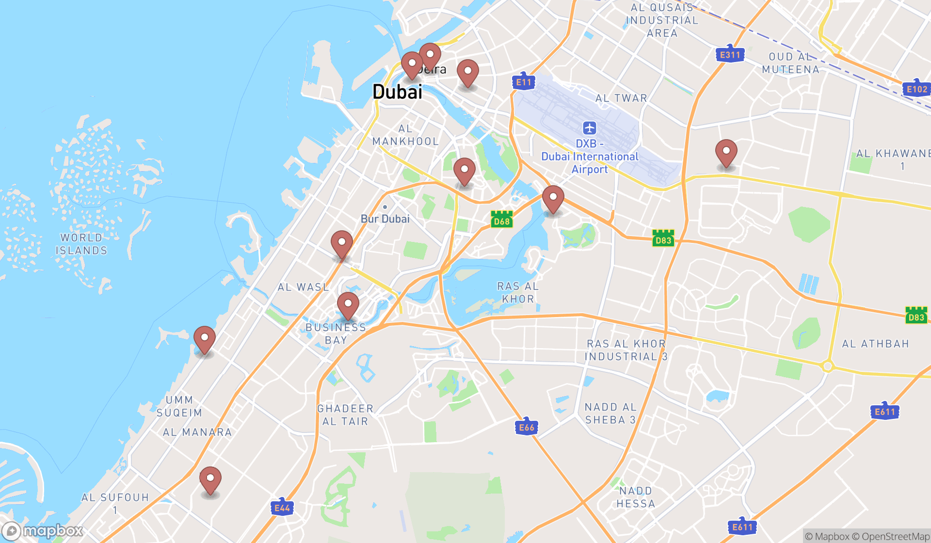 Map showing the ranked vintage clothing stores in Dubai, Dubai