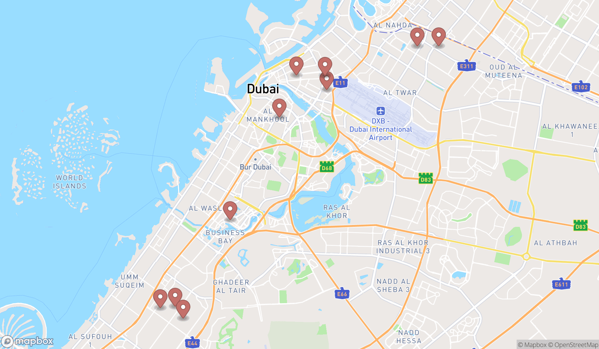 Map showing the ranked vinyl sign shops in Dubai, Dubai