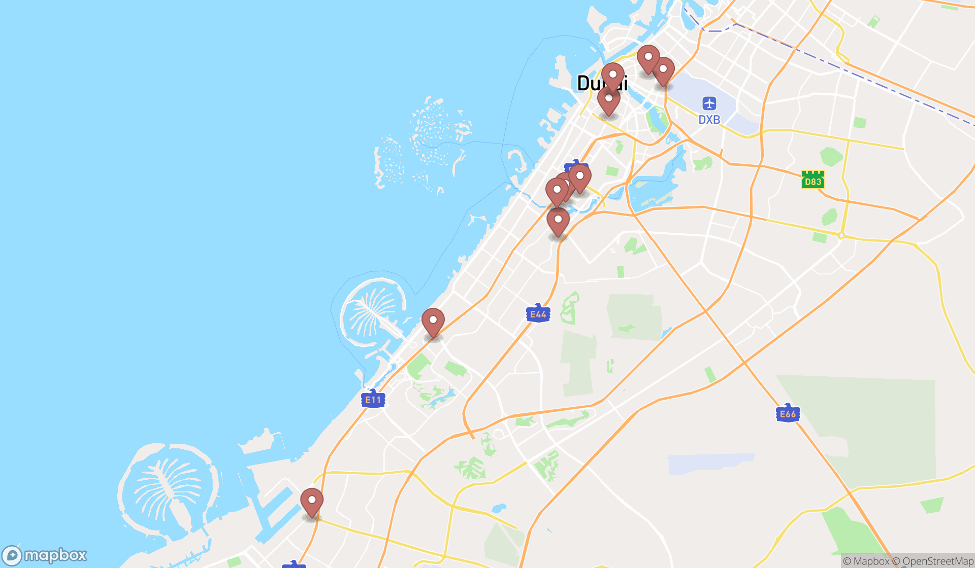 Map showing the ranked virtual office rentals in Dubai, Dubai