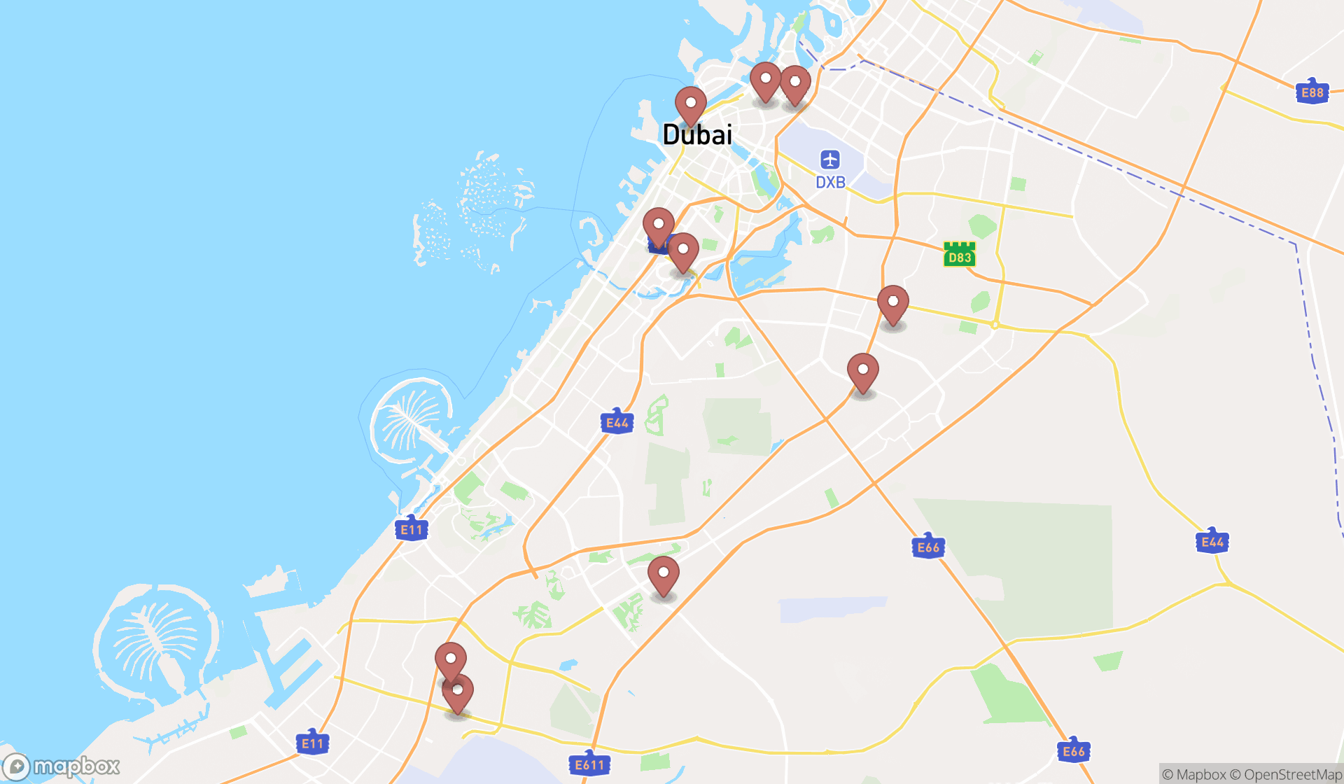 Map showing the ranked visitor centers in Dubai, Dubai