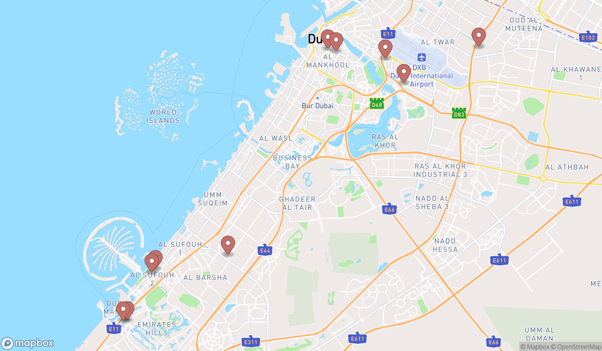 Map showing the ranked vocational schools in Dubai, Dubai