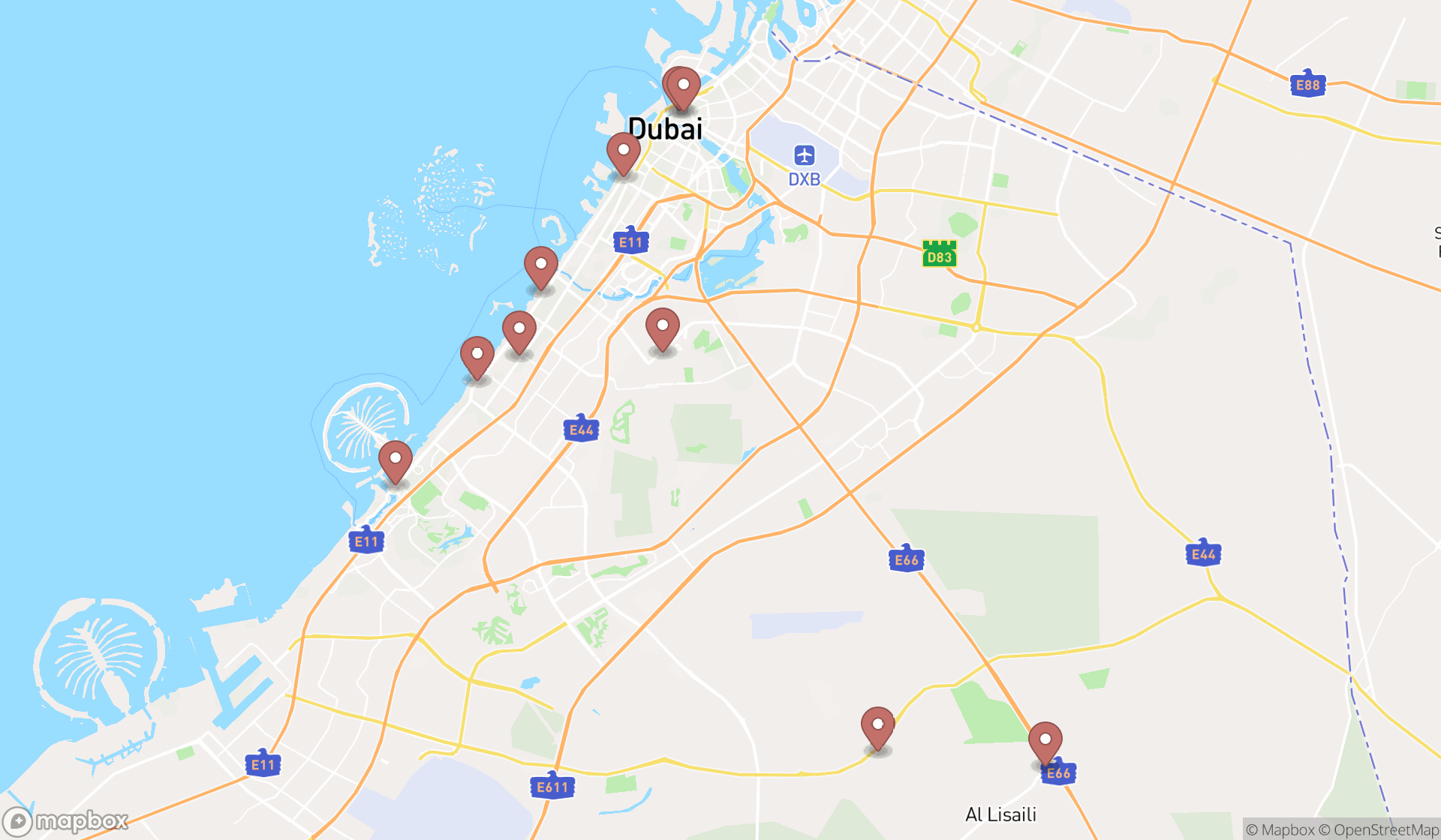 Map showing the ranked walk-in clinics in Dubai, Dubai