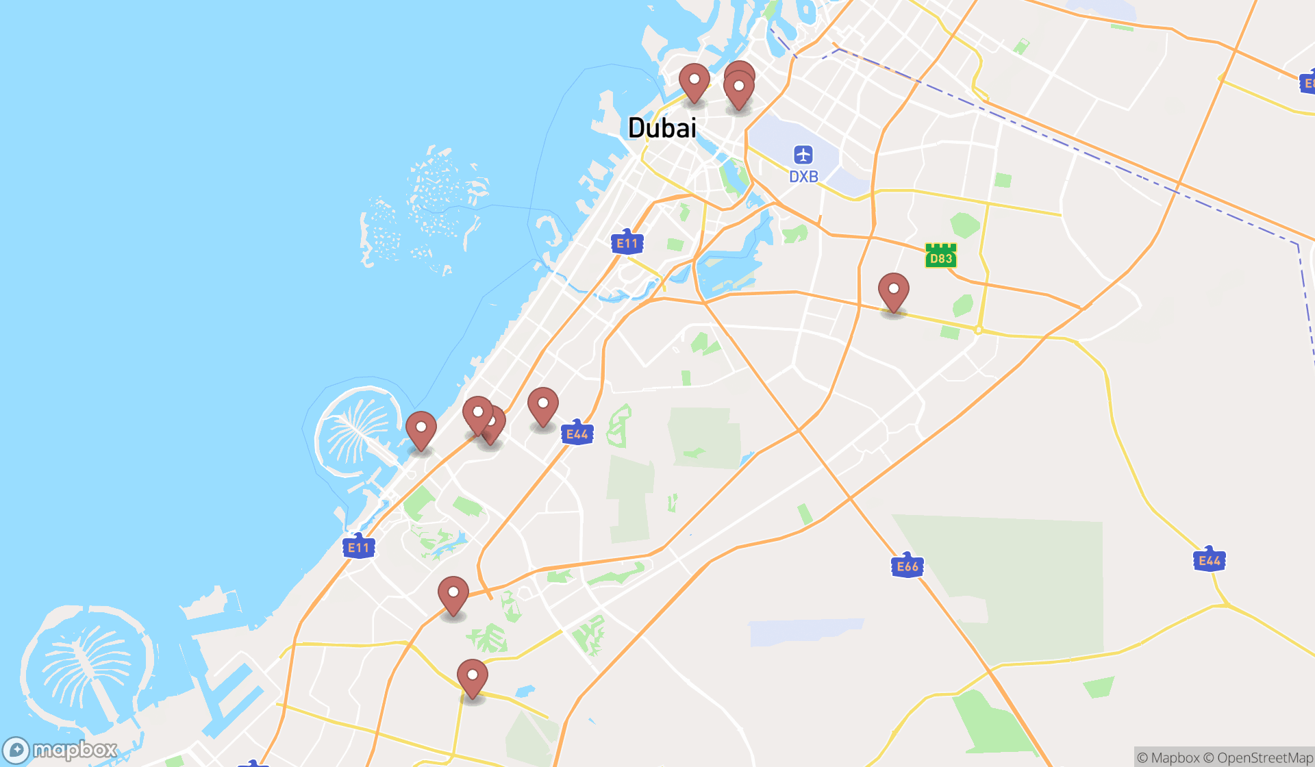 Map showing the ranked wallpaper stores in Dubai, Dubai