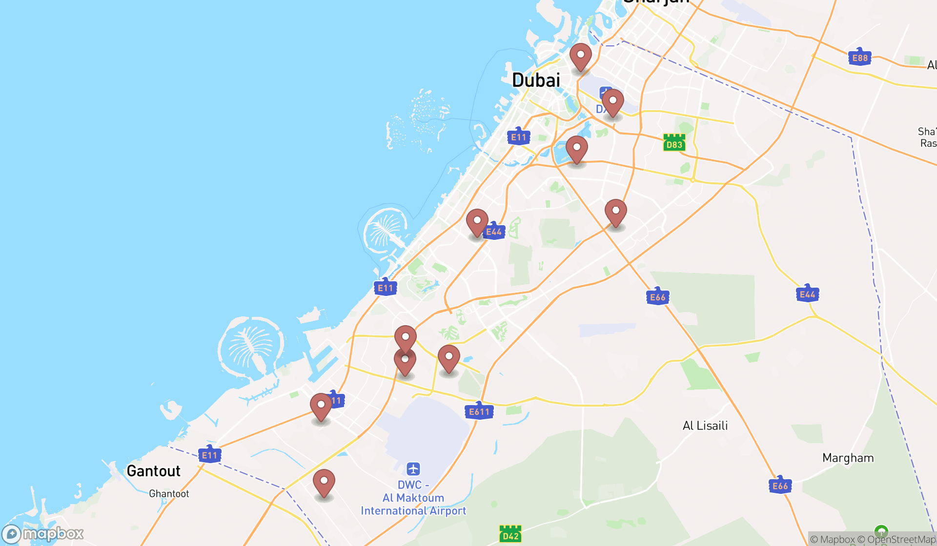 Map showing the ranked warehouses in Dubai, Dubai