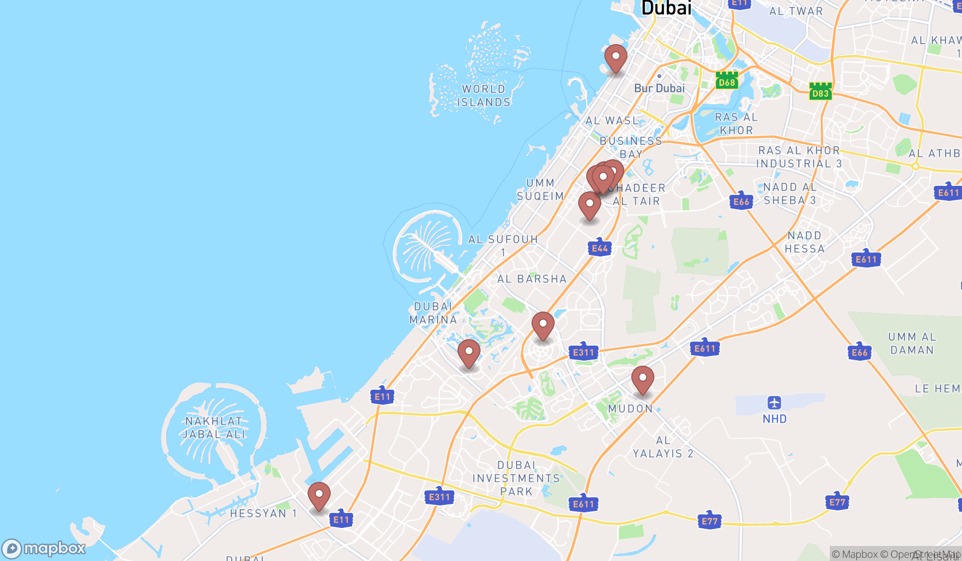 Map showing the ranked water mills in Dubai, Dubai