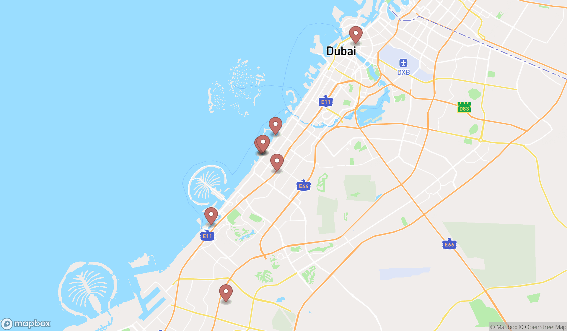 Map showing the ranked water ski shops in Dubai, Dubai