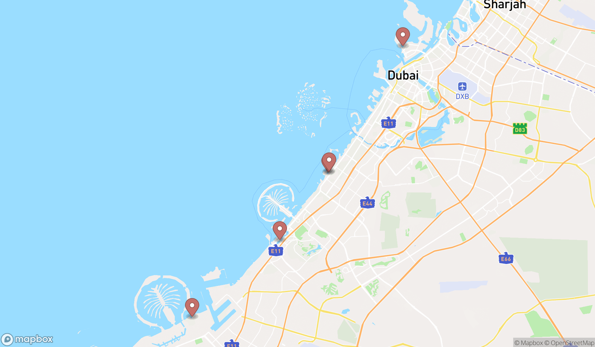Map showing the ranked water skiing clubs in Dubai, Dubai