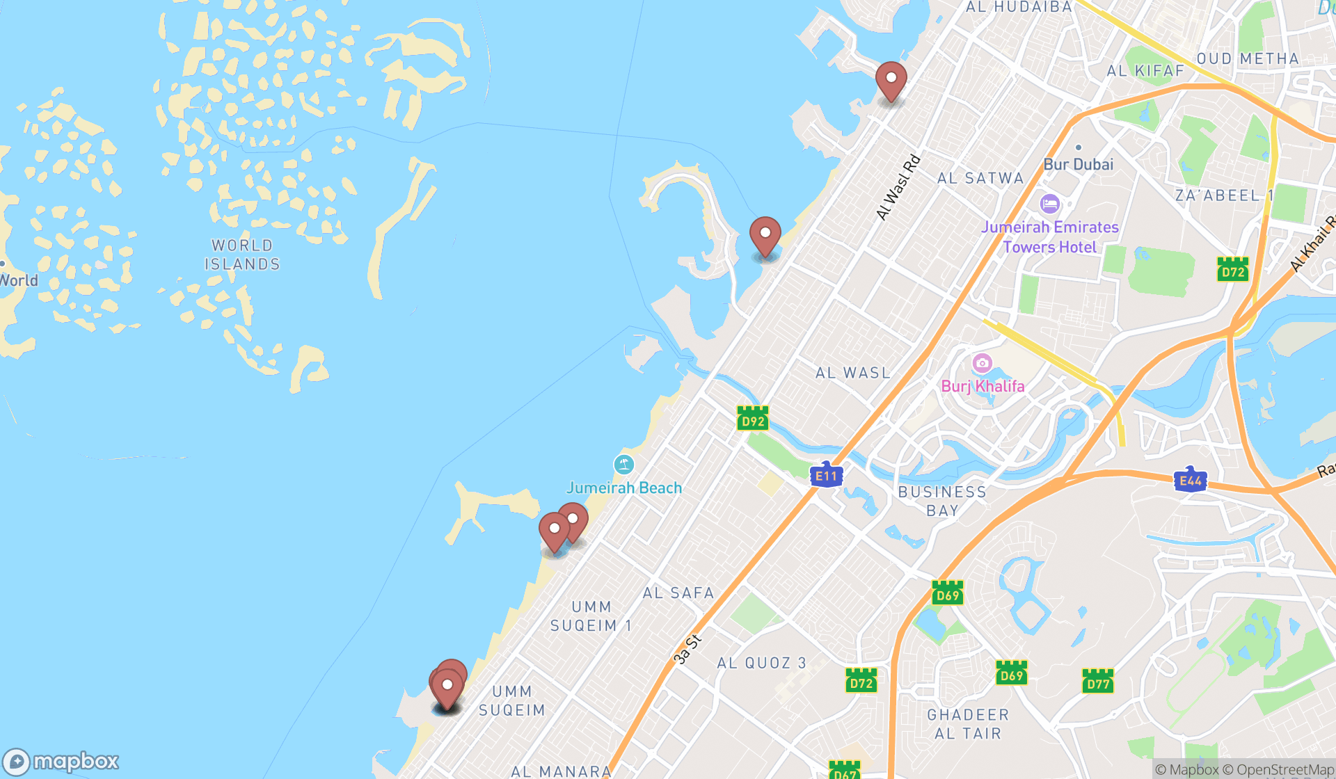 Map showing the ranked water skiing services in Dubai, Dubai