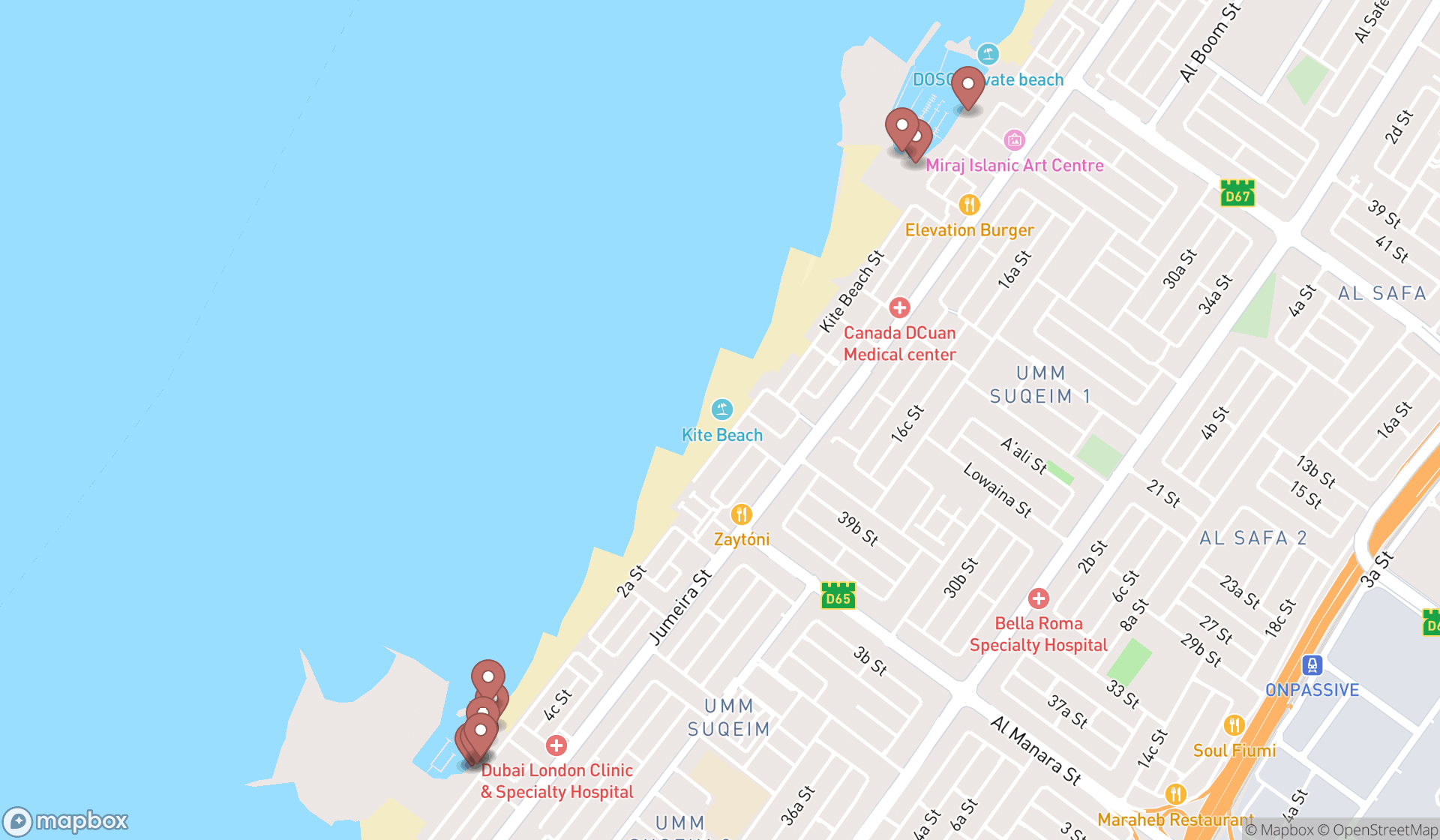Map showing the ranked water sports equipment rental services in Dubai, Dubai