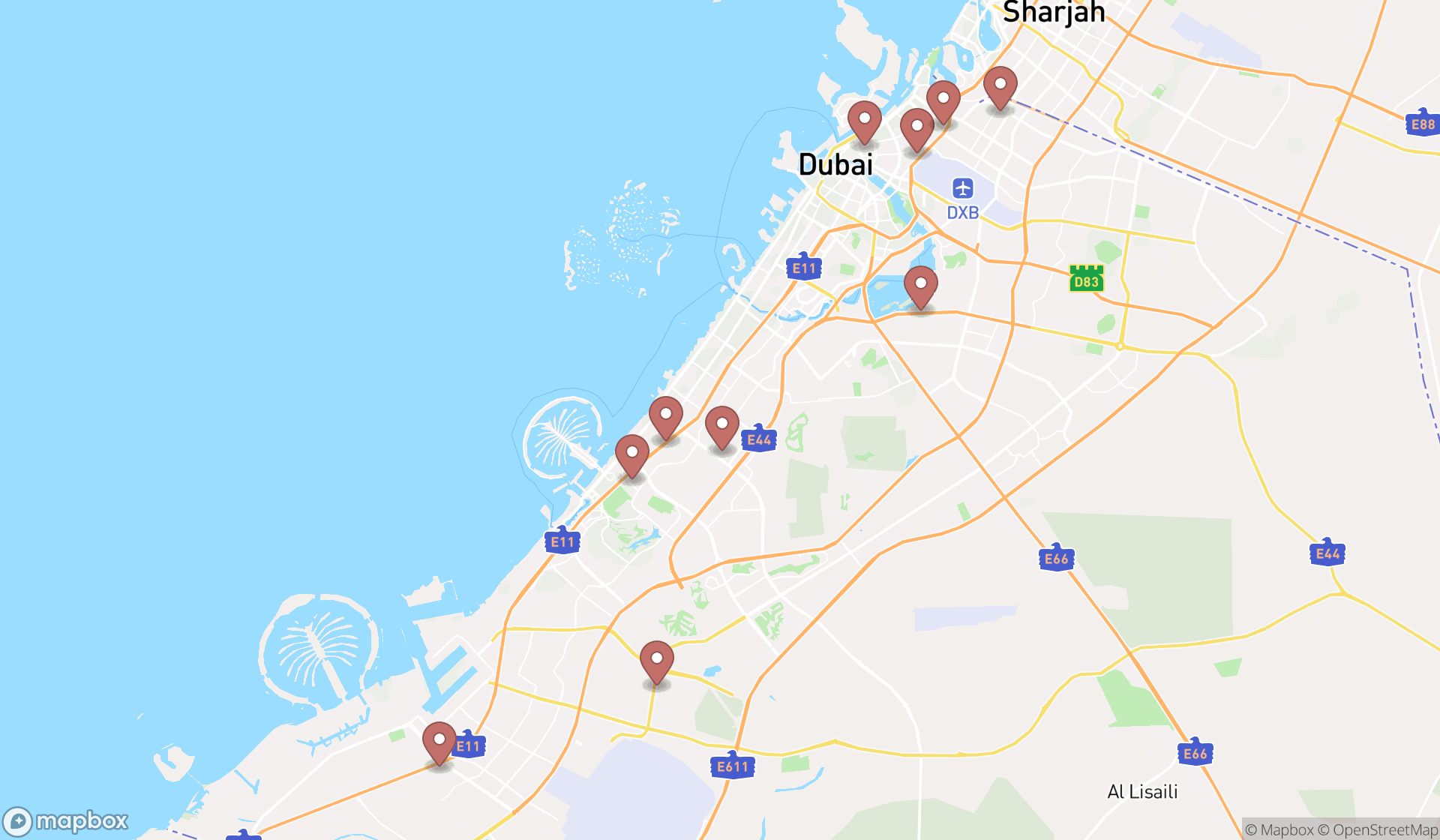 Map showing the ranked water treatment suppliers in Dubai, Dubai