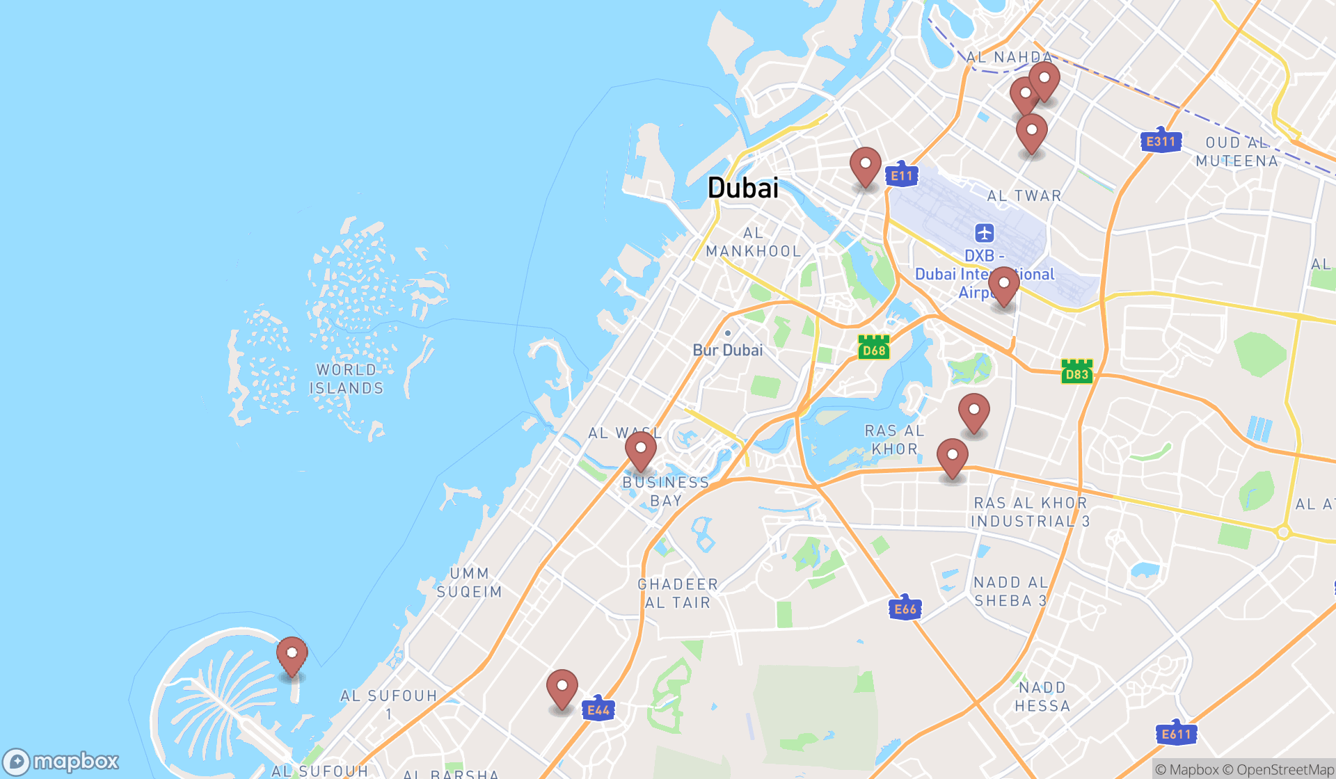 Map showing the ranked water works equipment suppliers in Dubai, Dubai