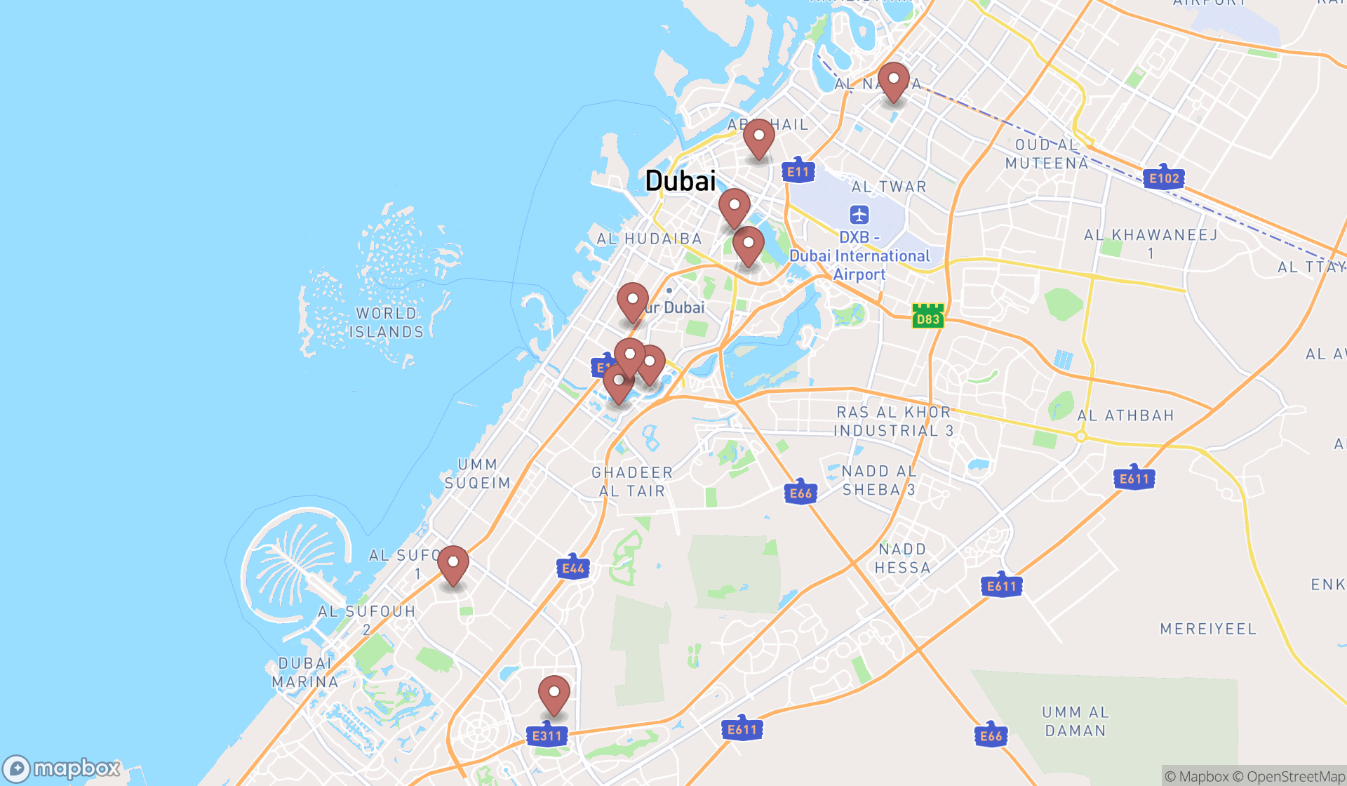 Map showing the ranked website designers in Dubai, Dubai