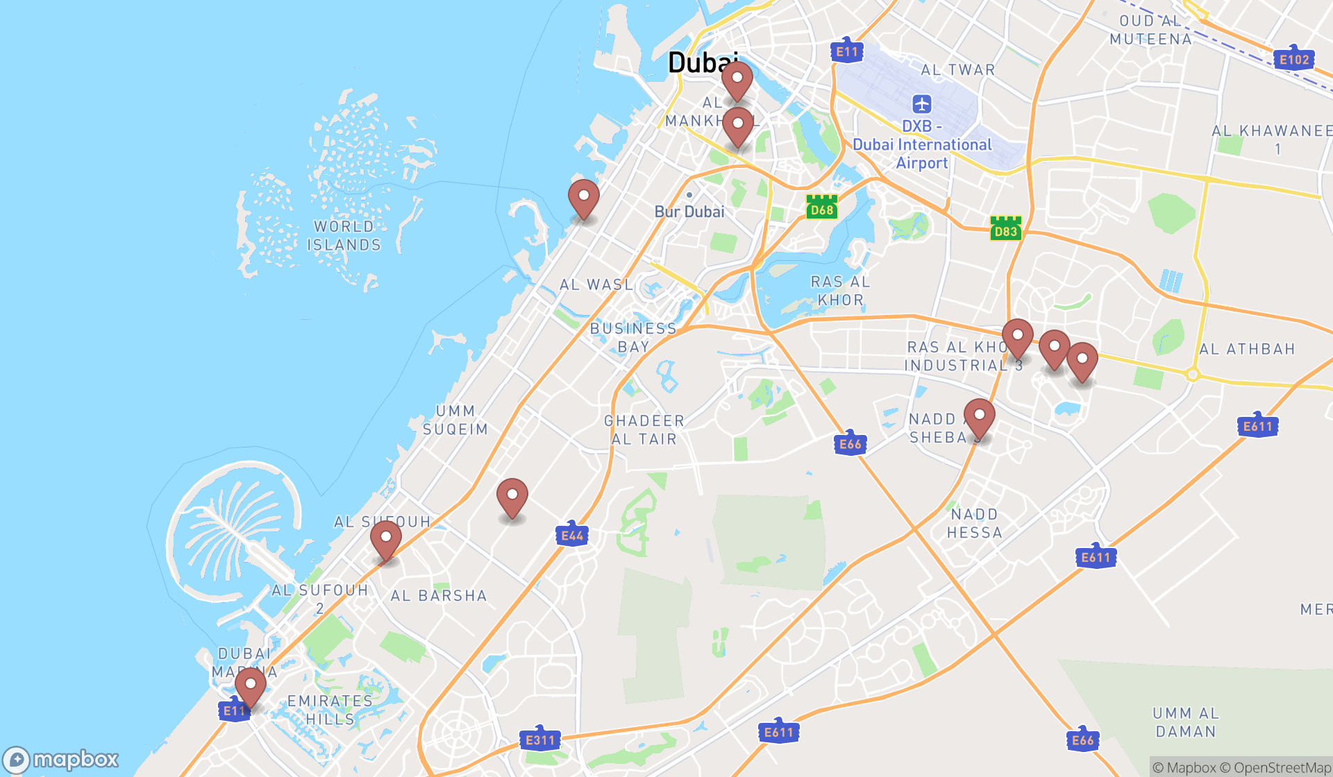 Map showing the ranked wedding bakeries in Dubai, Dubai